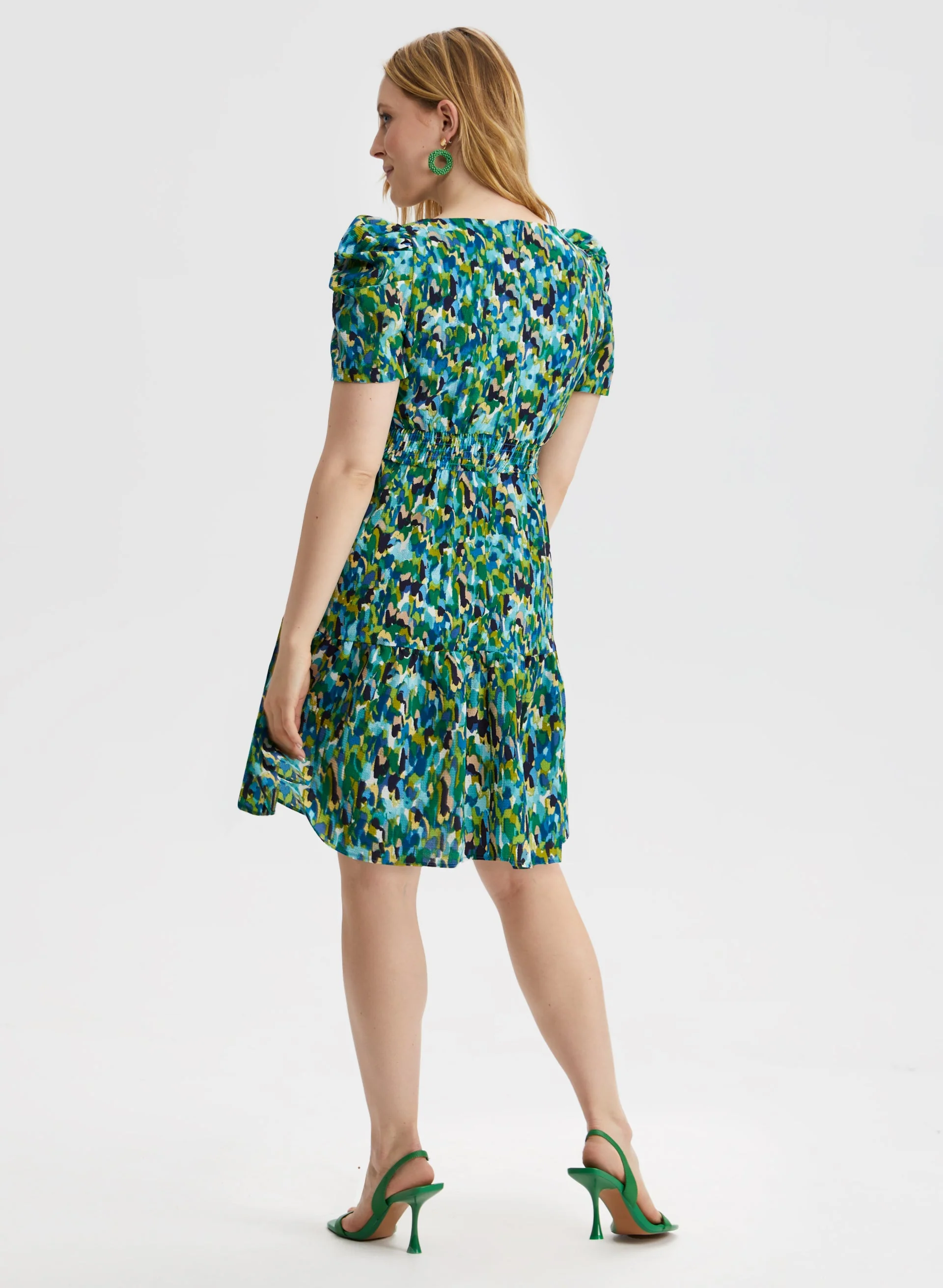 Abstract Print Puff Sleeve Dress - Image 2