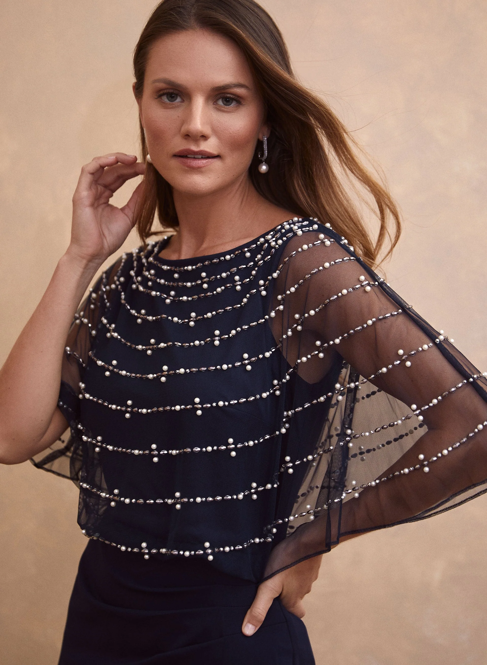 Beaded Mesh Capelet Maxi Dress - Image 4