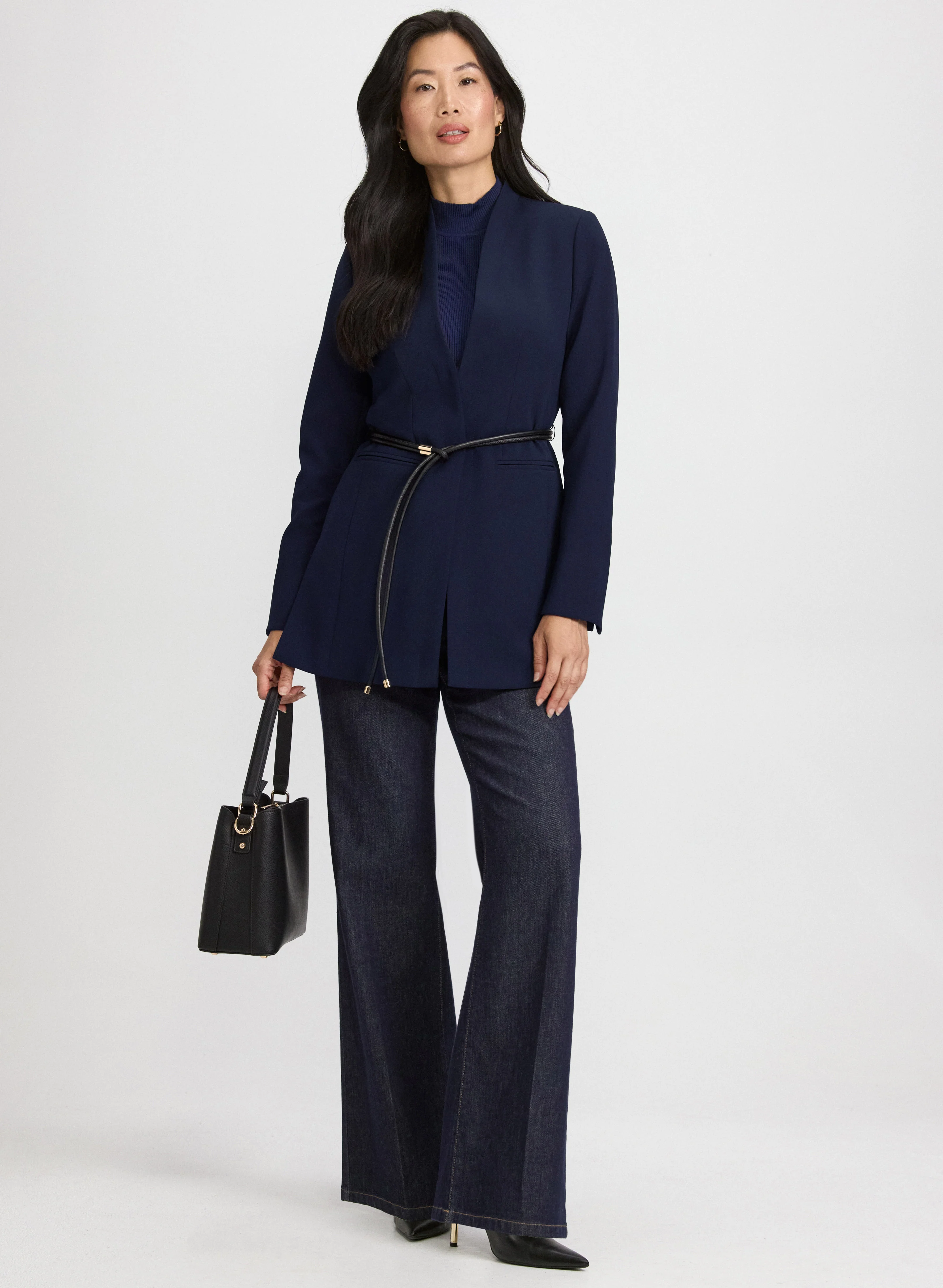 Belted Collarless Blazer & Double Buttoned Wide-Leg Jeans