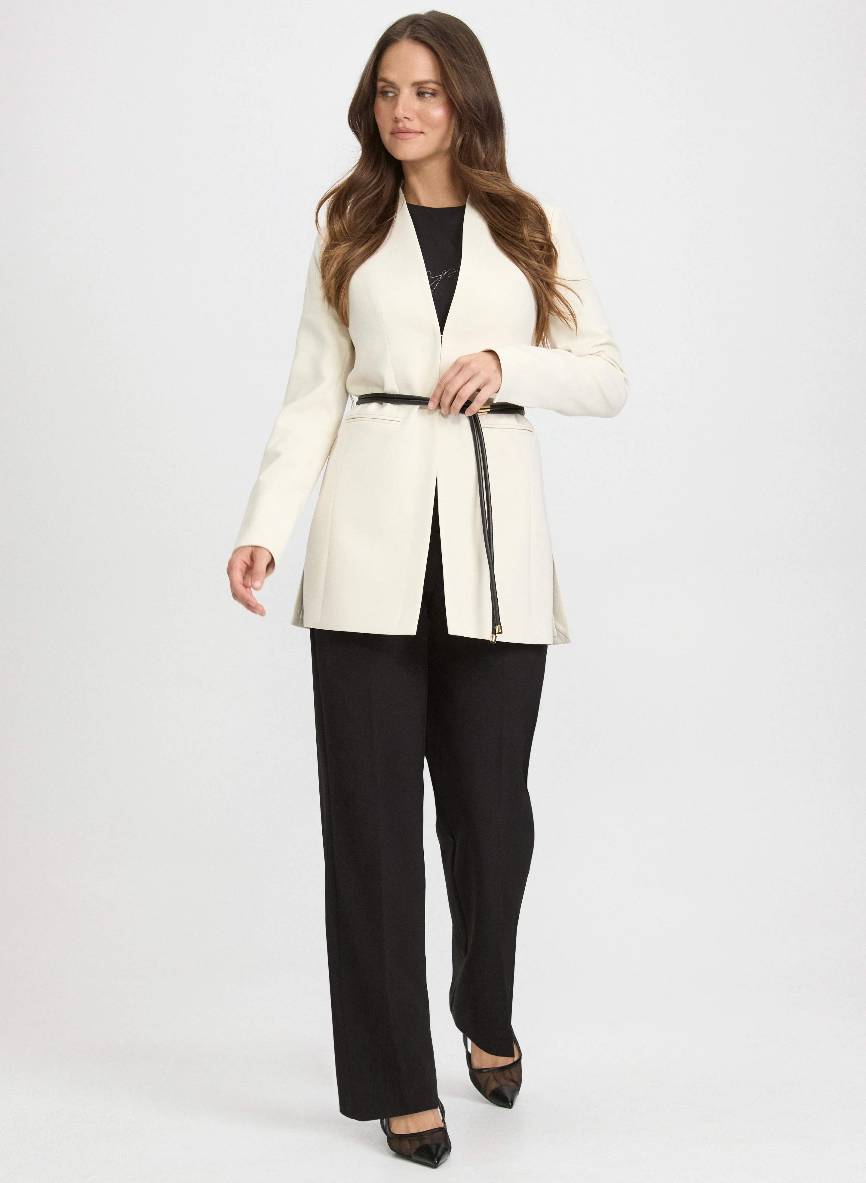 Belted Longline Blazer & Embossed Button Wide-Leg Pants