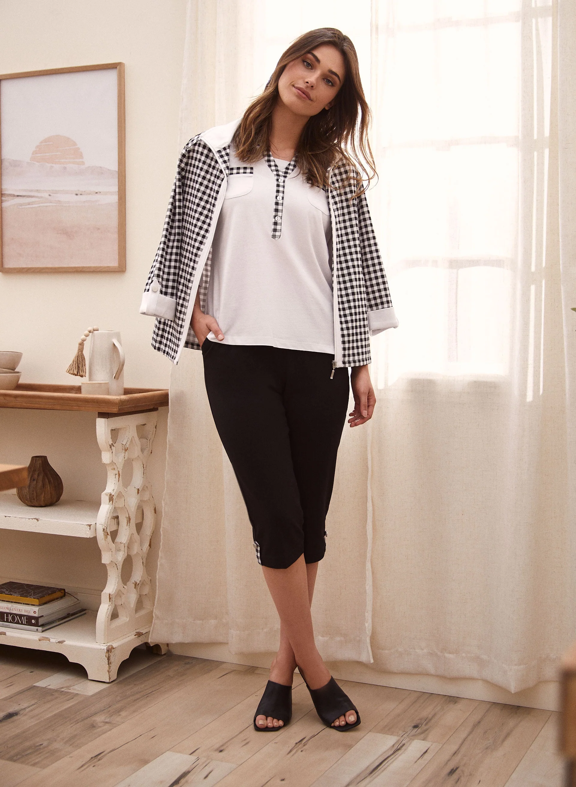 Checkered Print Trim Henley Top - Image 3