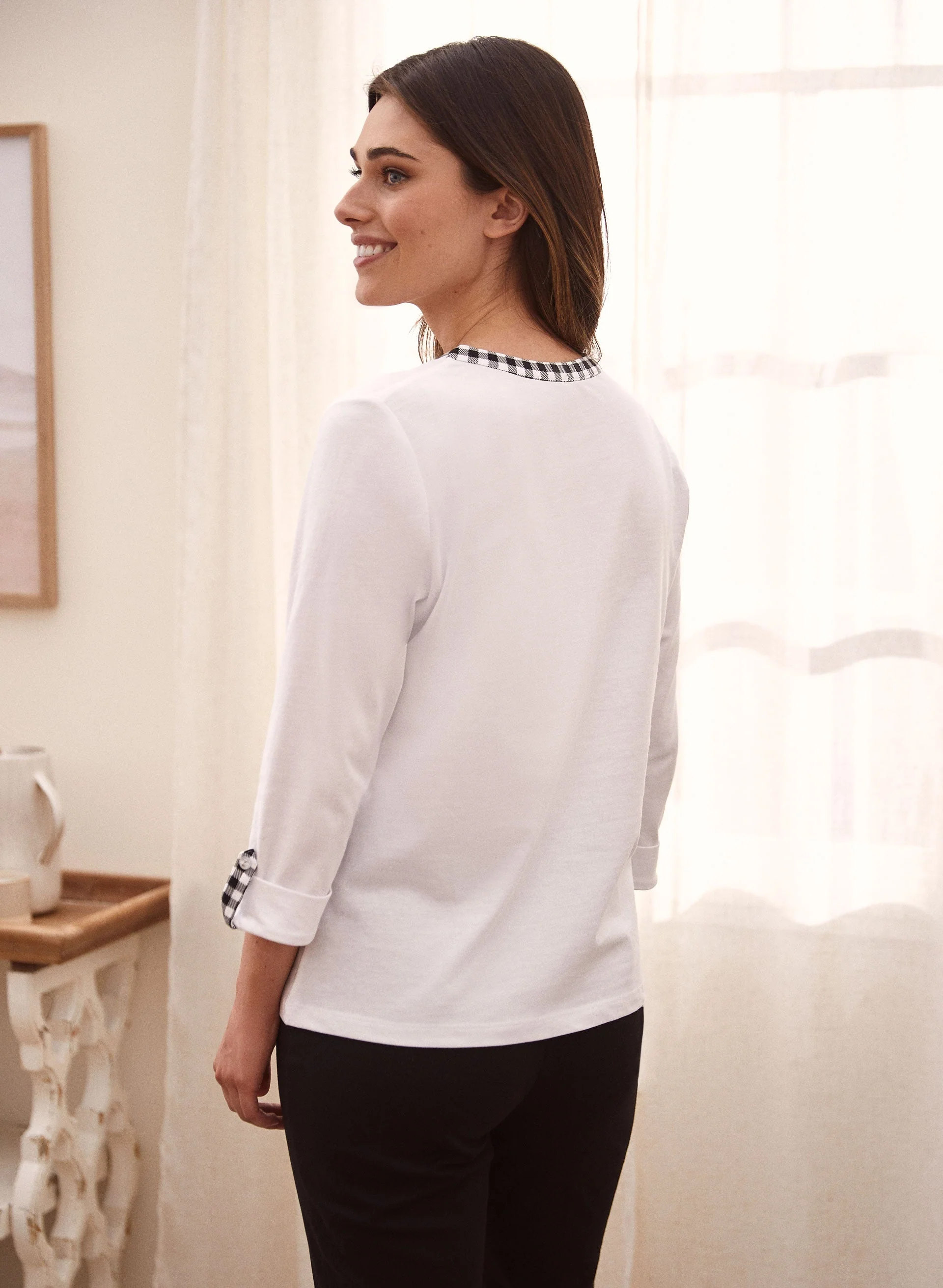 Checkered Print Trim Henley Top - Image 4