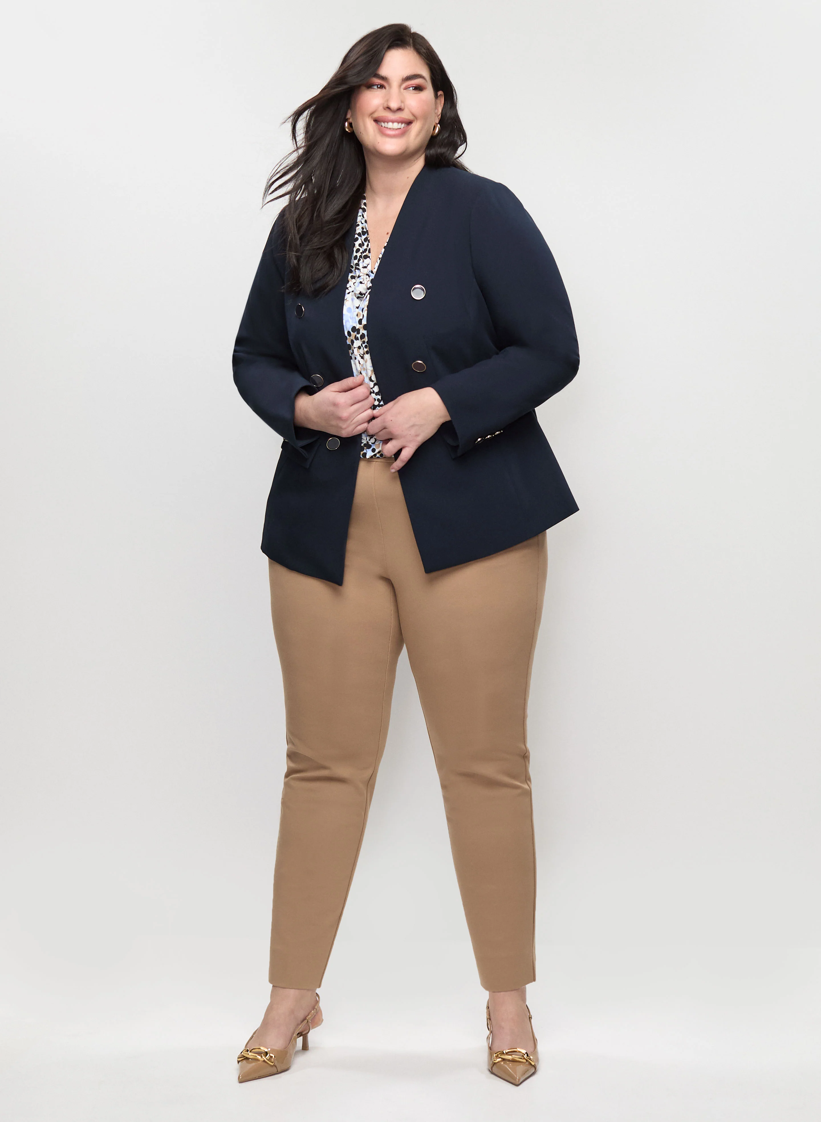 Contrast Button Blazer & Button Tab Detail Pull-On Pants