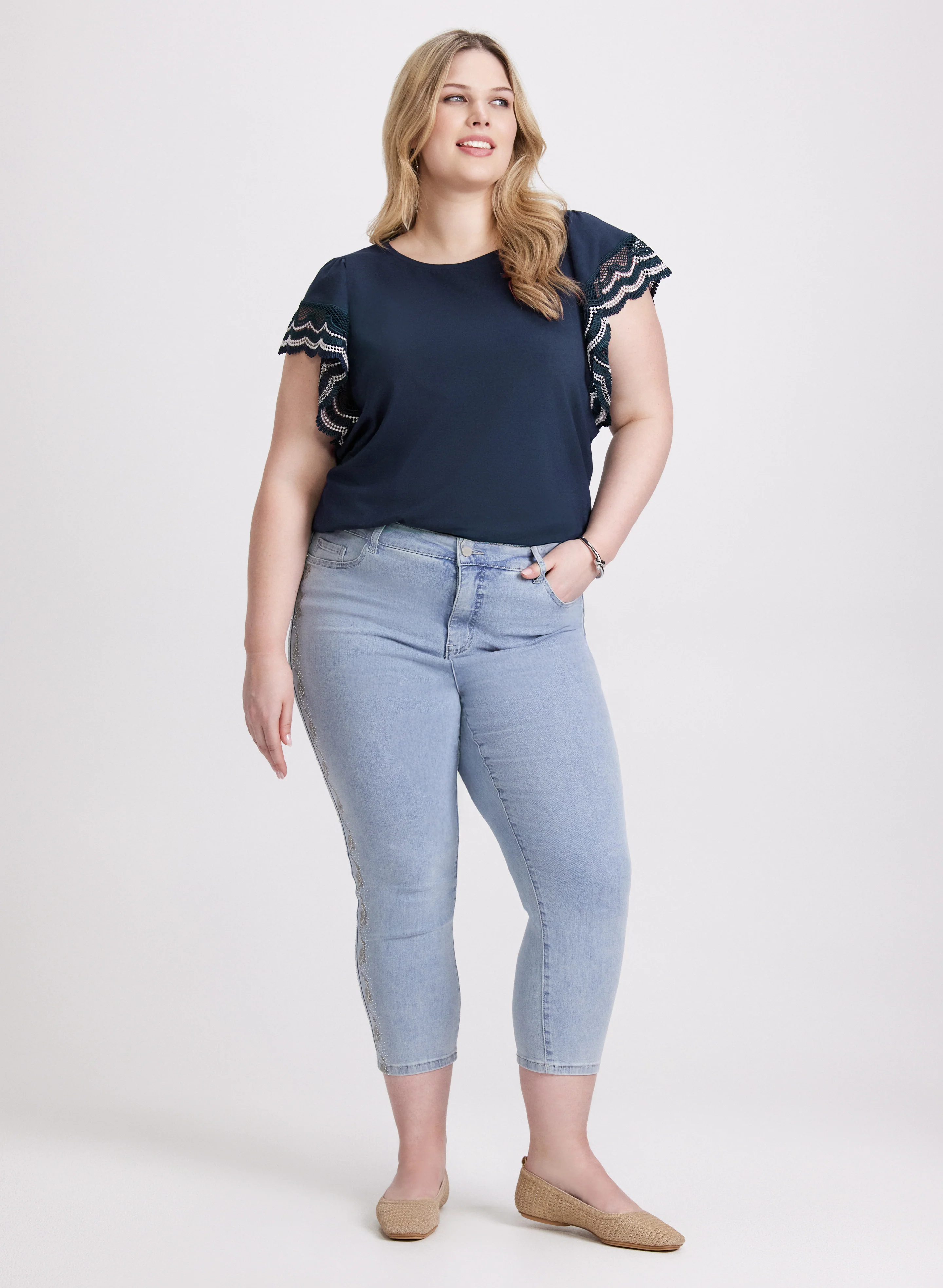 Crochet Trim Cap Sleeve T-Shirt - Image 2