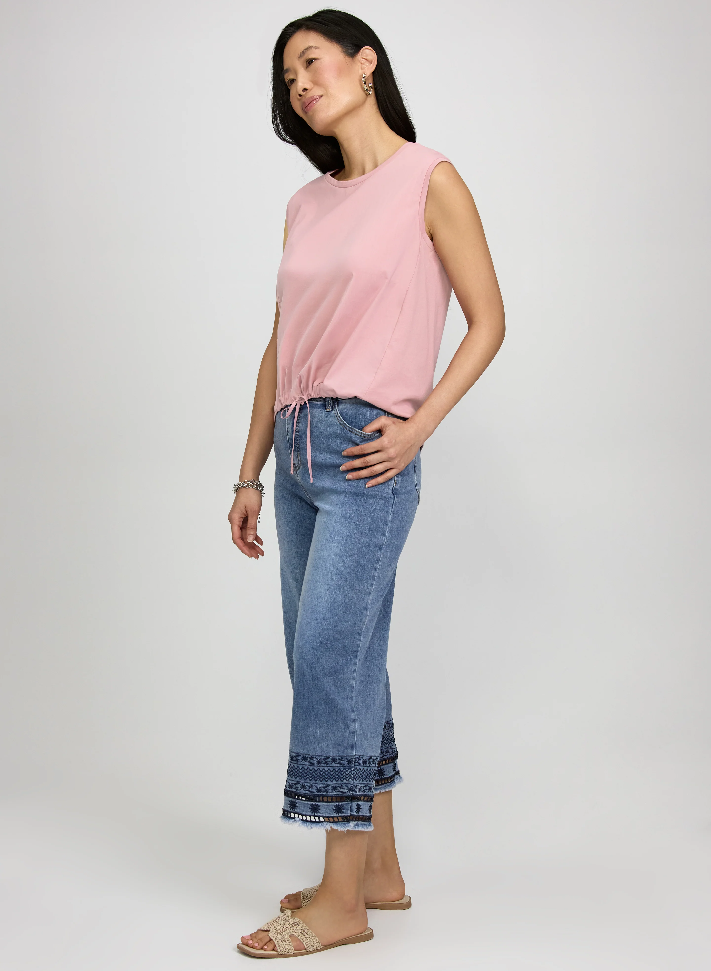 Denim Embroidered Hem Capris - Image 3