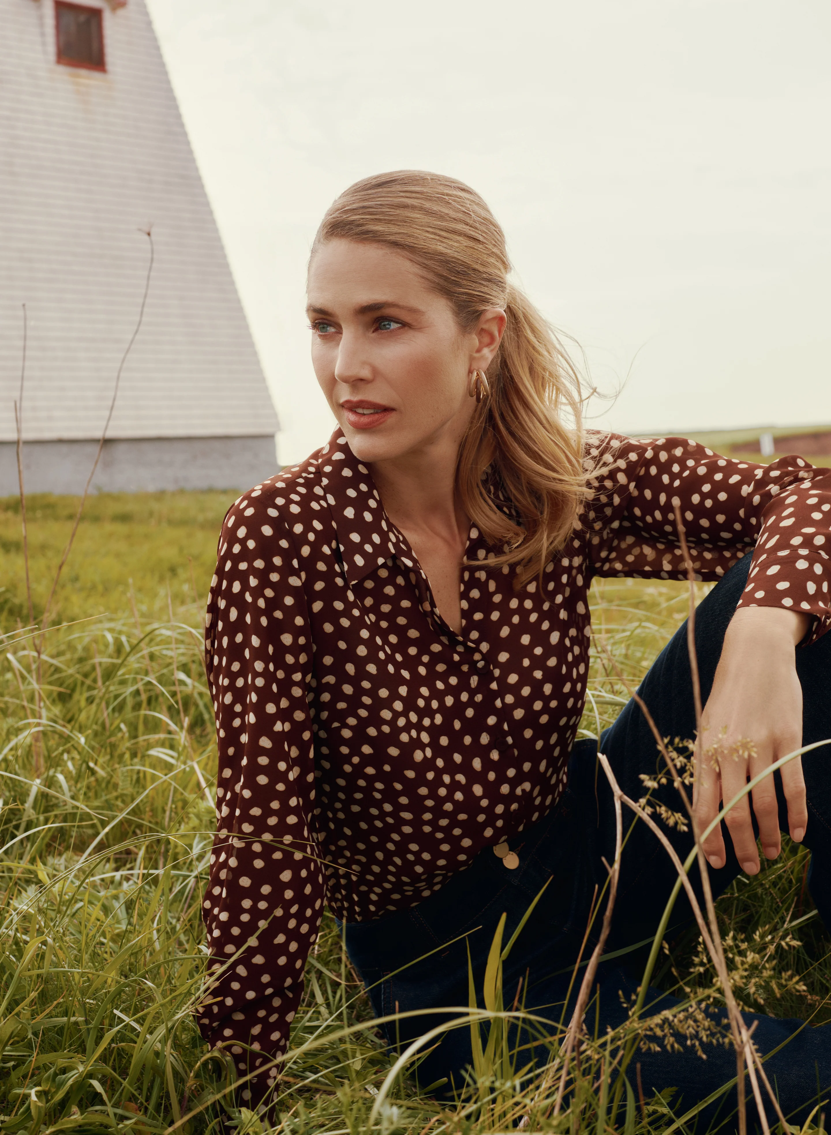 Dot Print Button-Down Blouse - Image 8