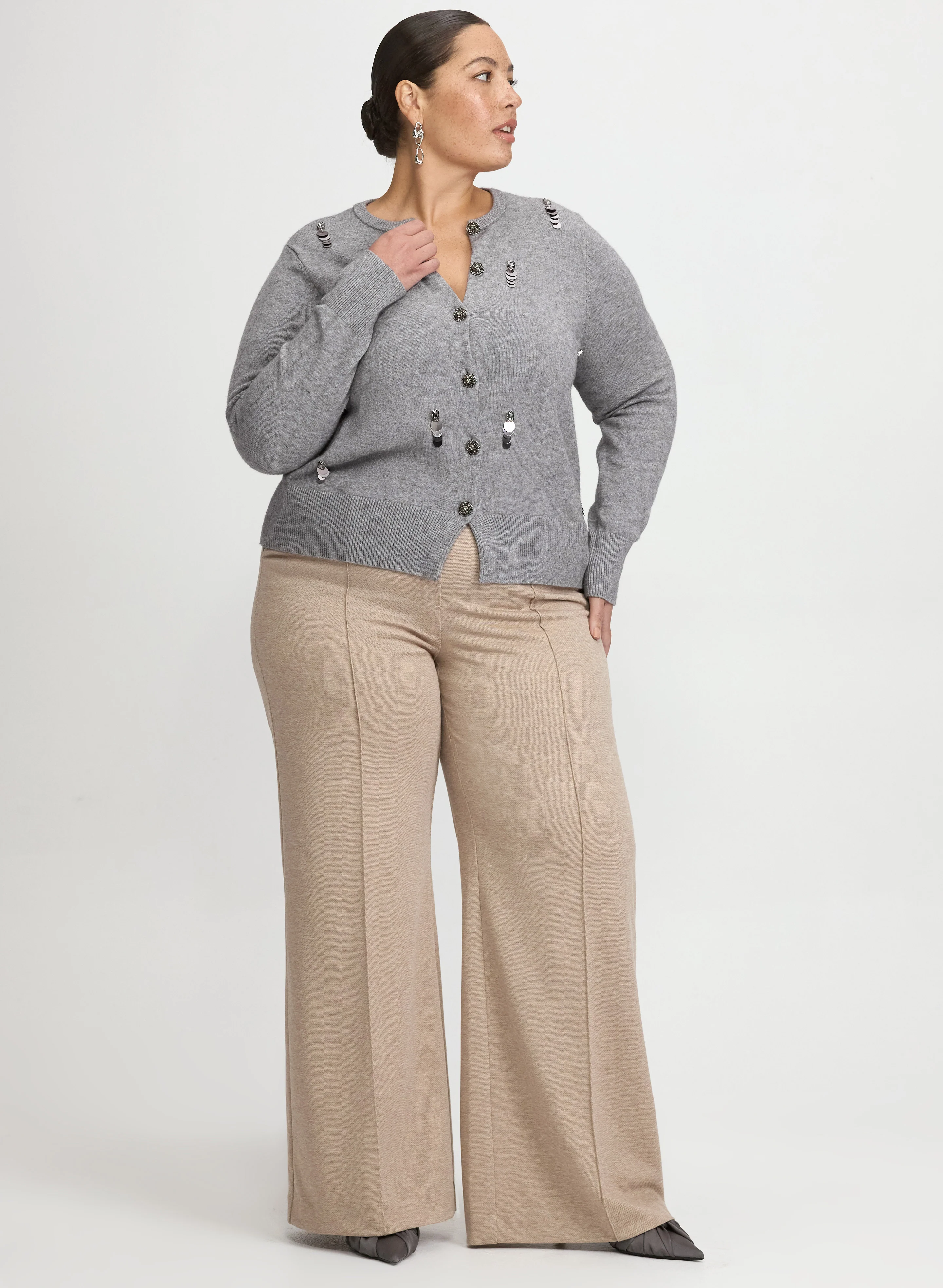 Embellished Jeweled Button Cardigan & Pull-On Twill Pants