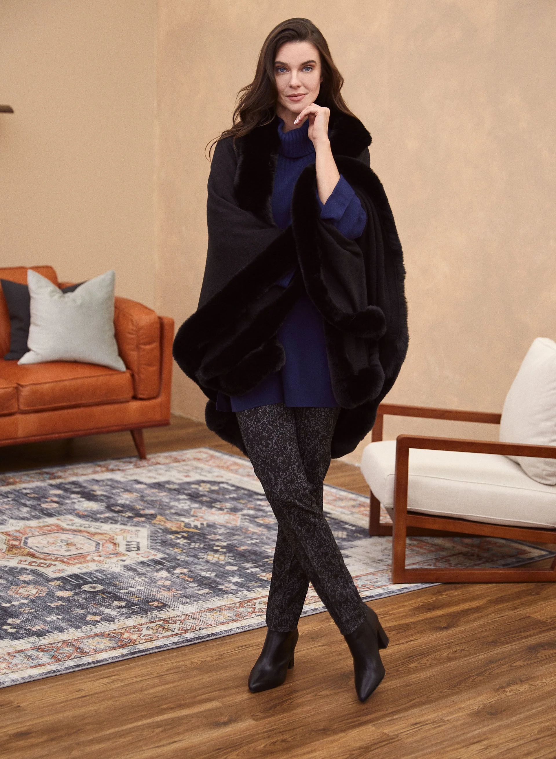 Faux Fur Trim Poncho - Image 3