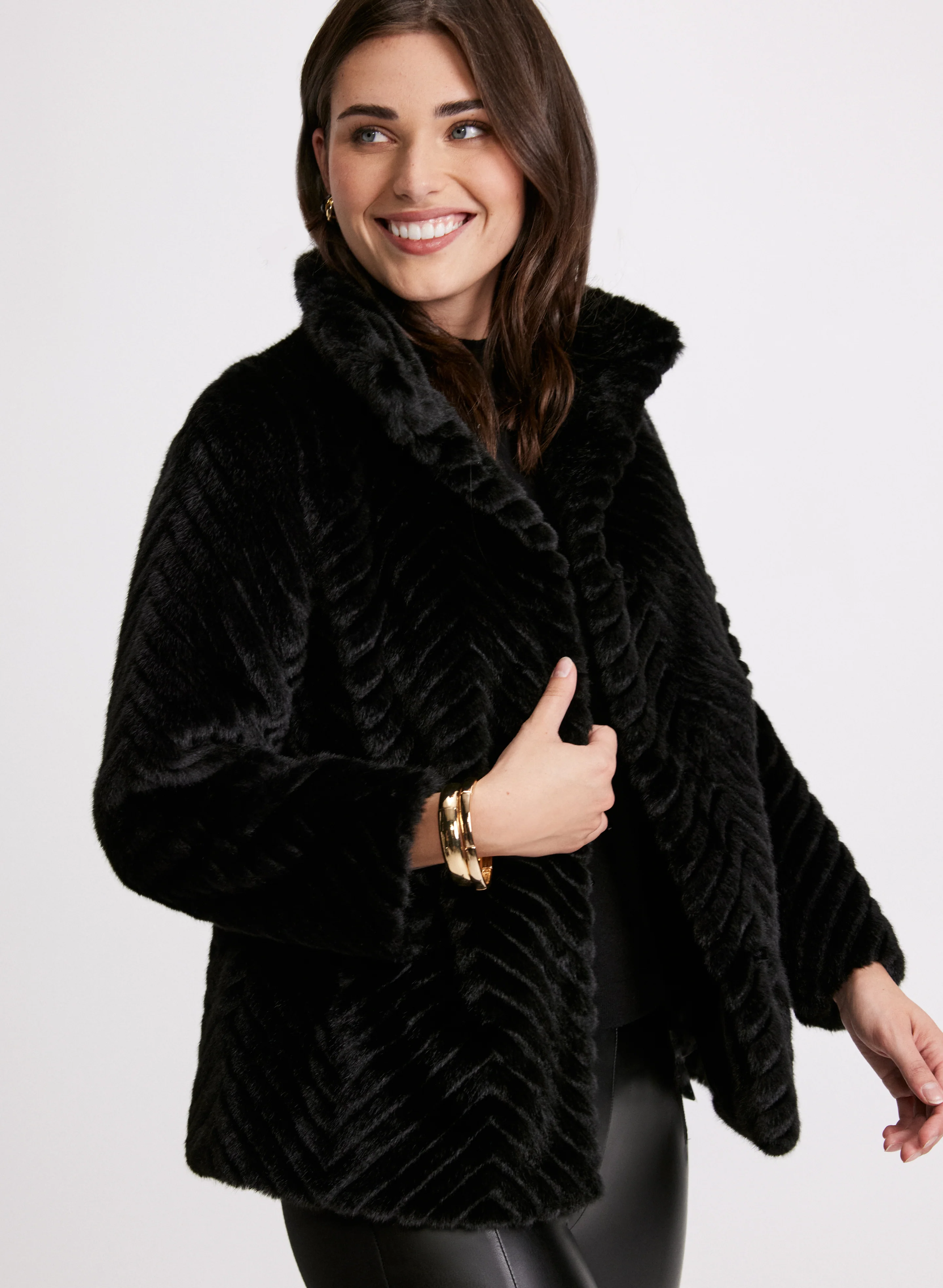 Herringbone Quilted Faux Fur Coat - Image 3