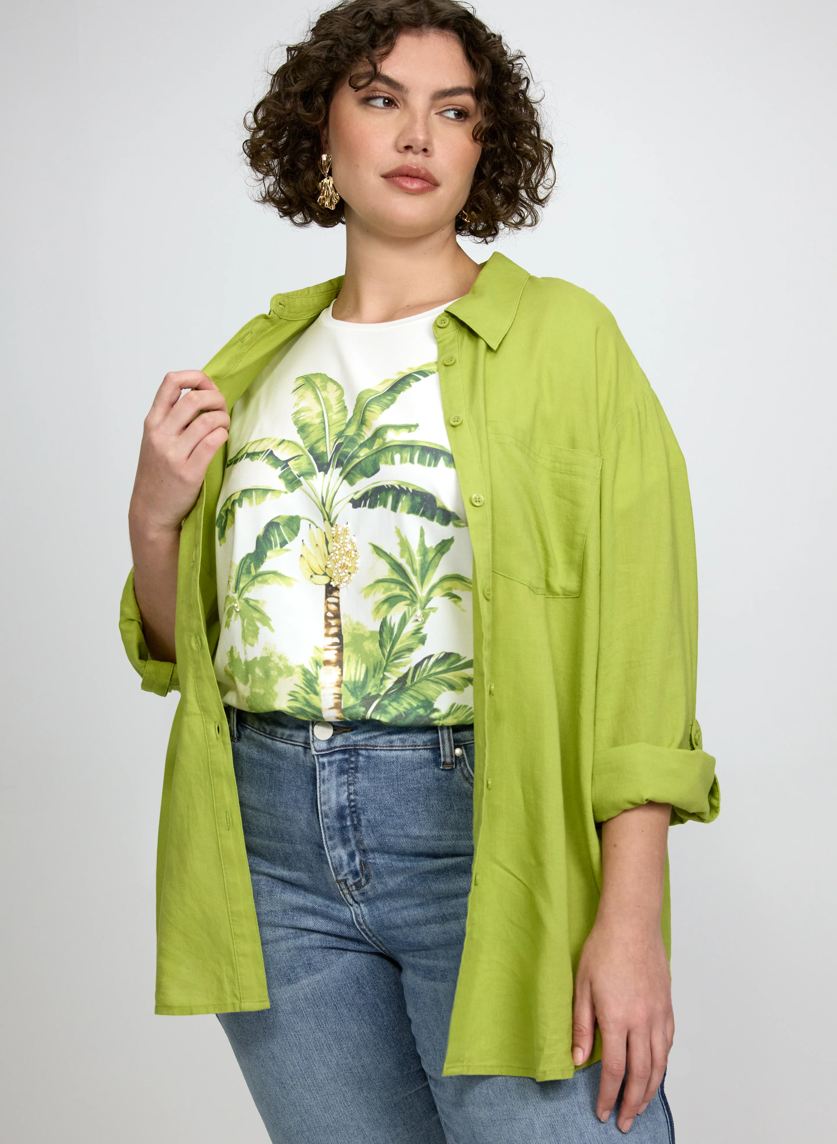 Linen-Blend Button-Down Blouse