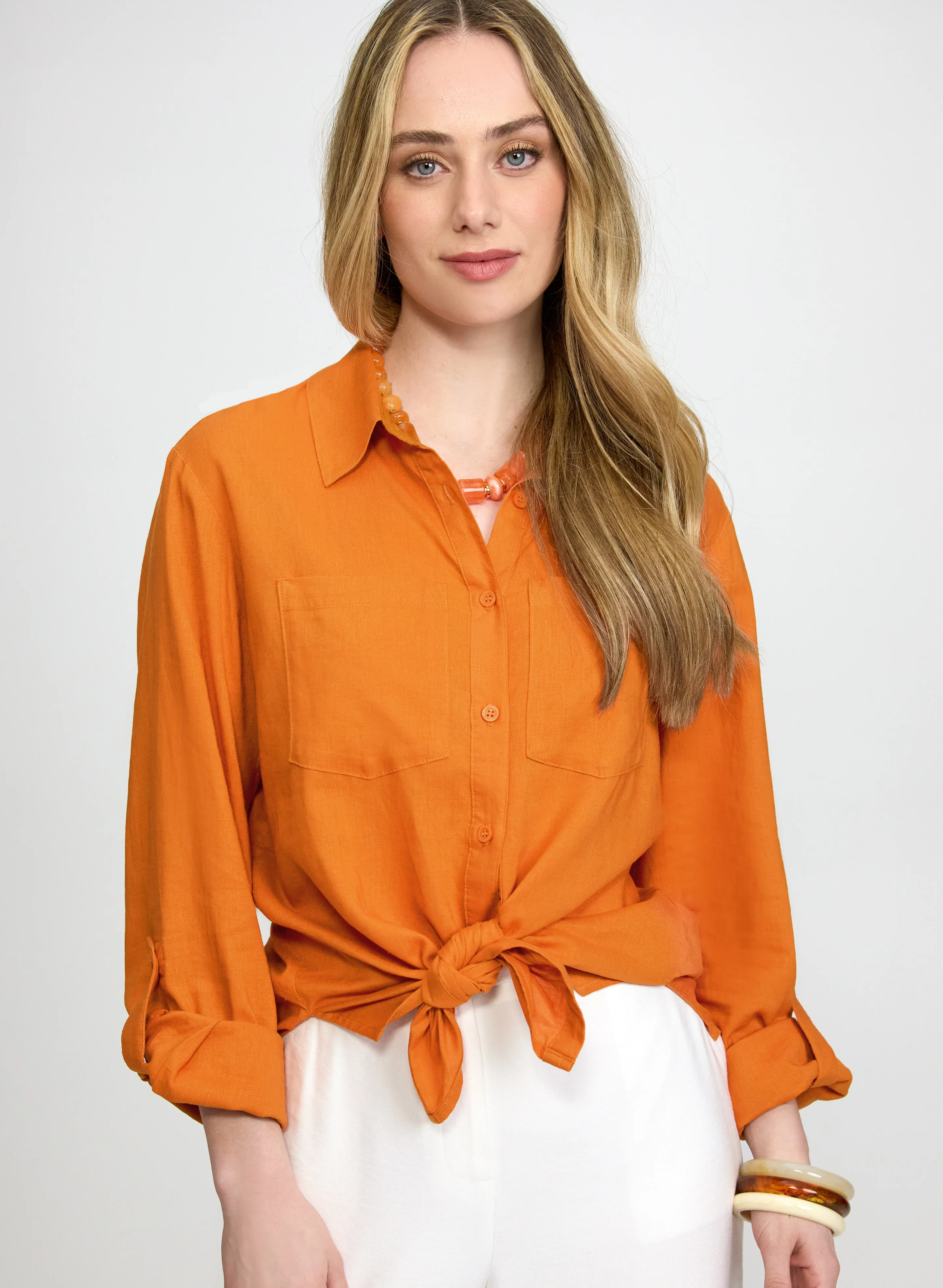 Linen-Blend Button-Down Blouse
