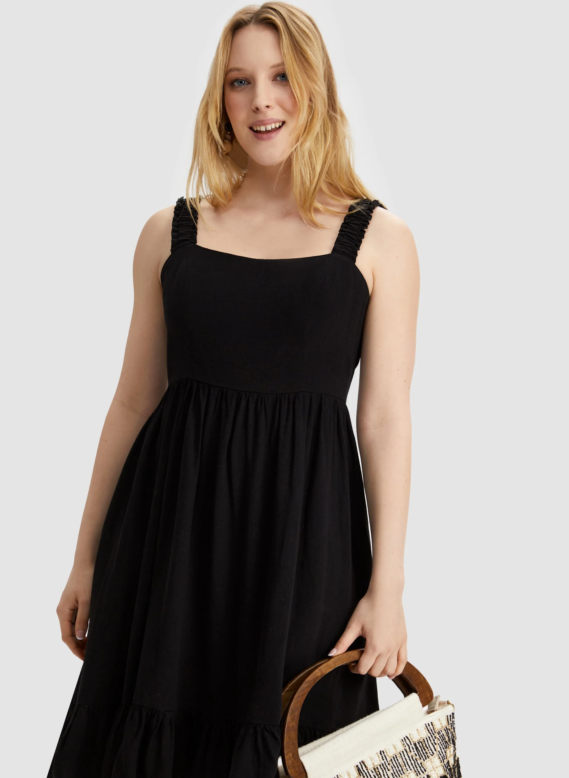 Linen Blend Elastic Strap Dress - Image 5