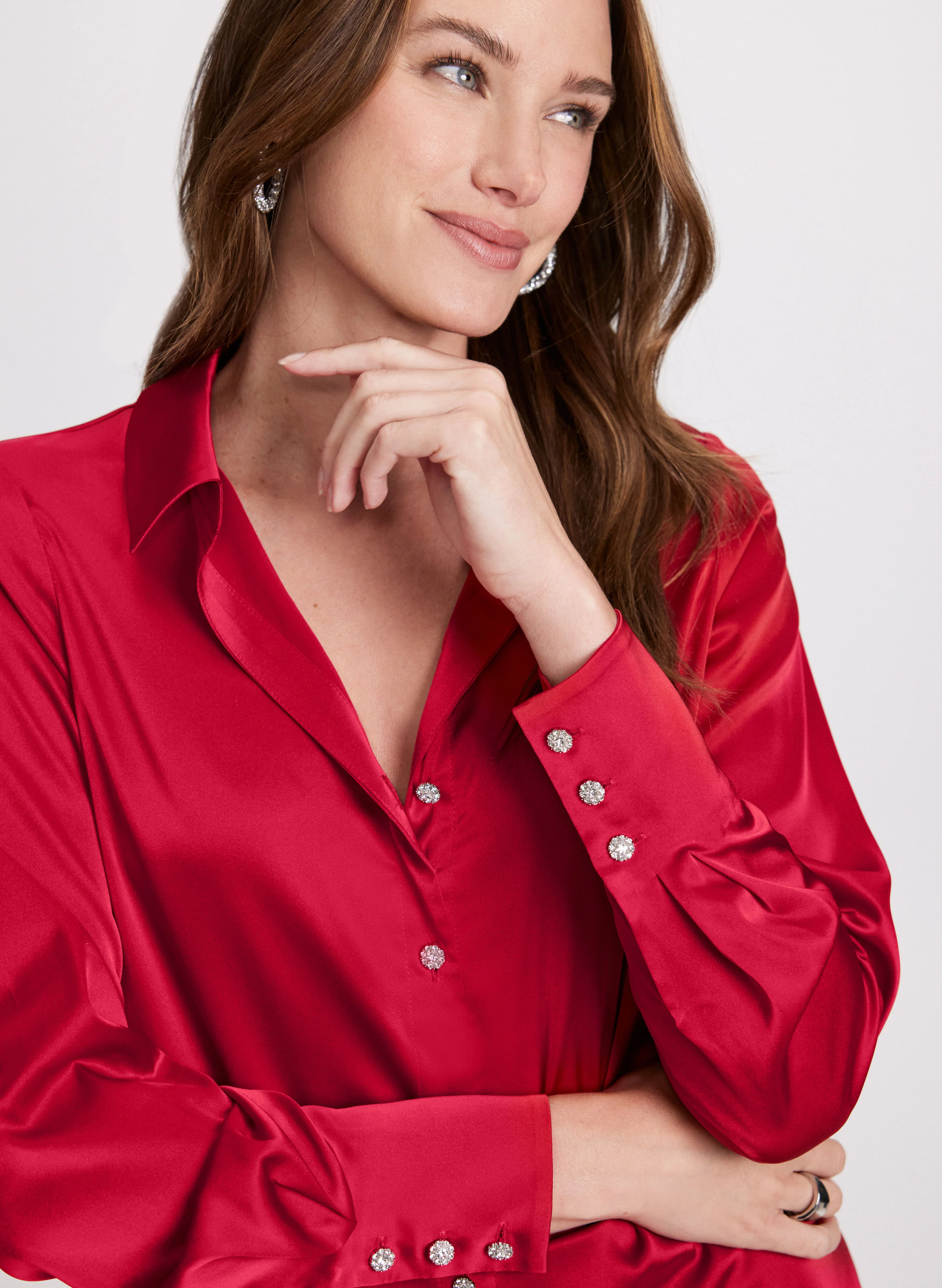 Satin Rhinestone Button Blouse - Image 2