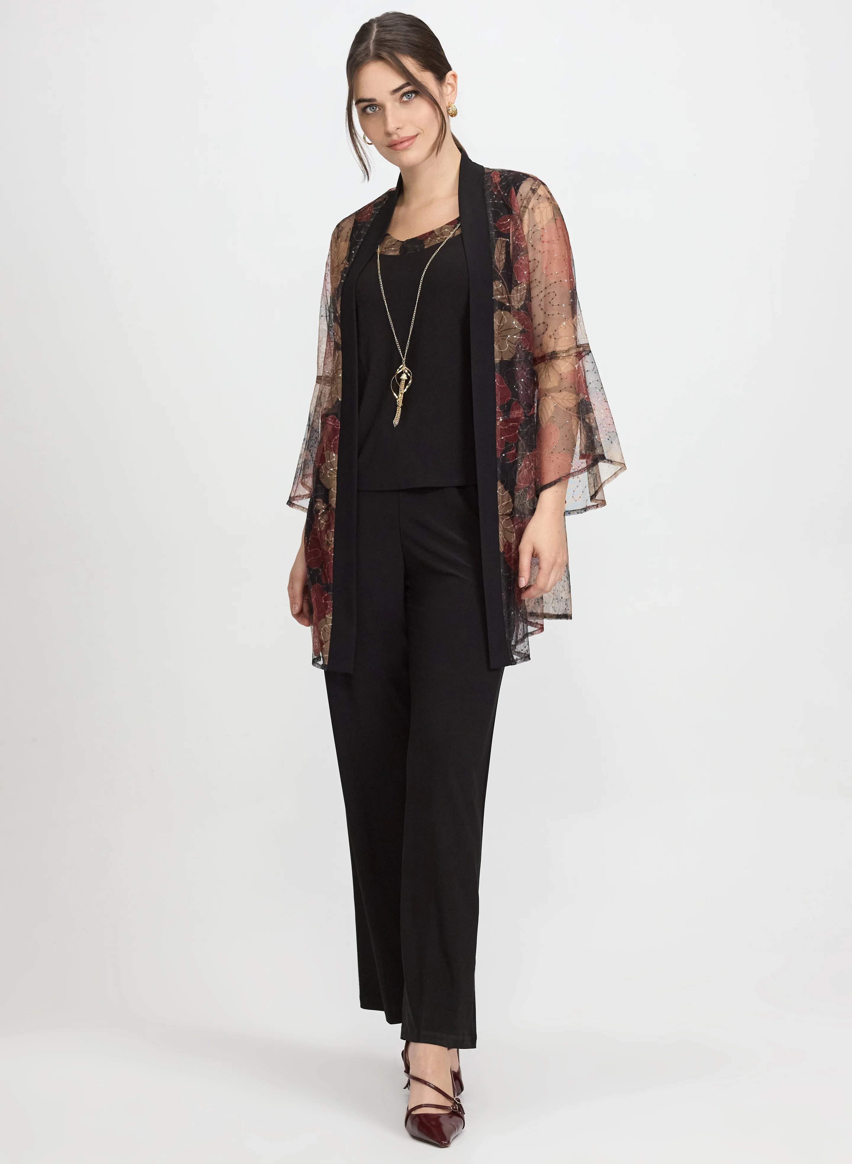 Mesh Floral Jacket, Top & Pants Set