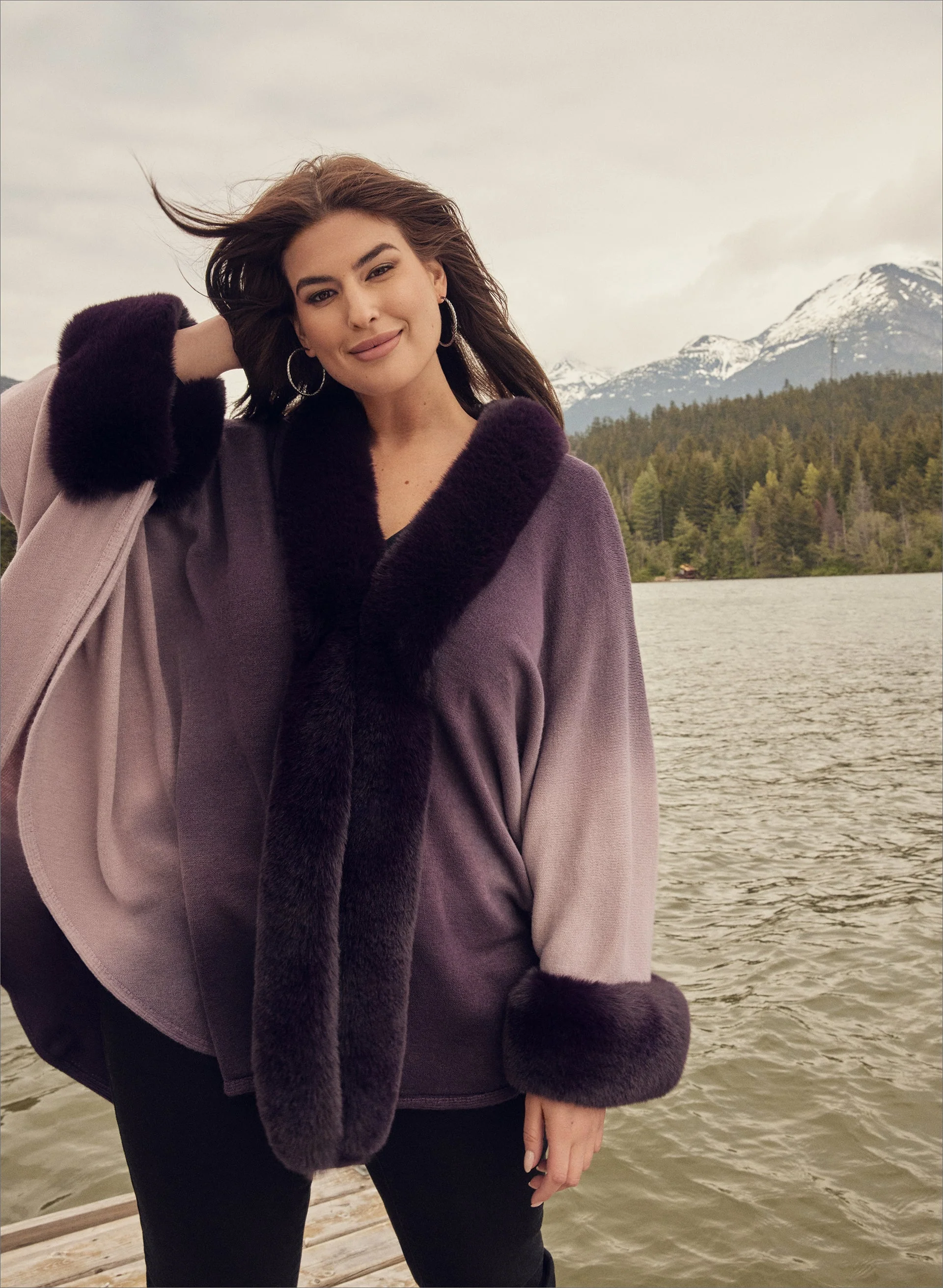 Ombré Faux Fur Trim Cape - Image 3