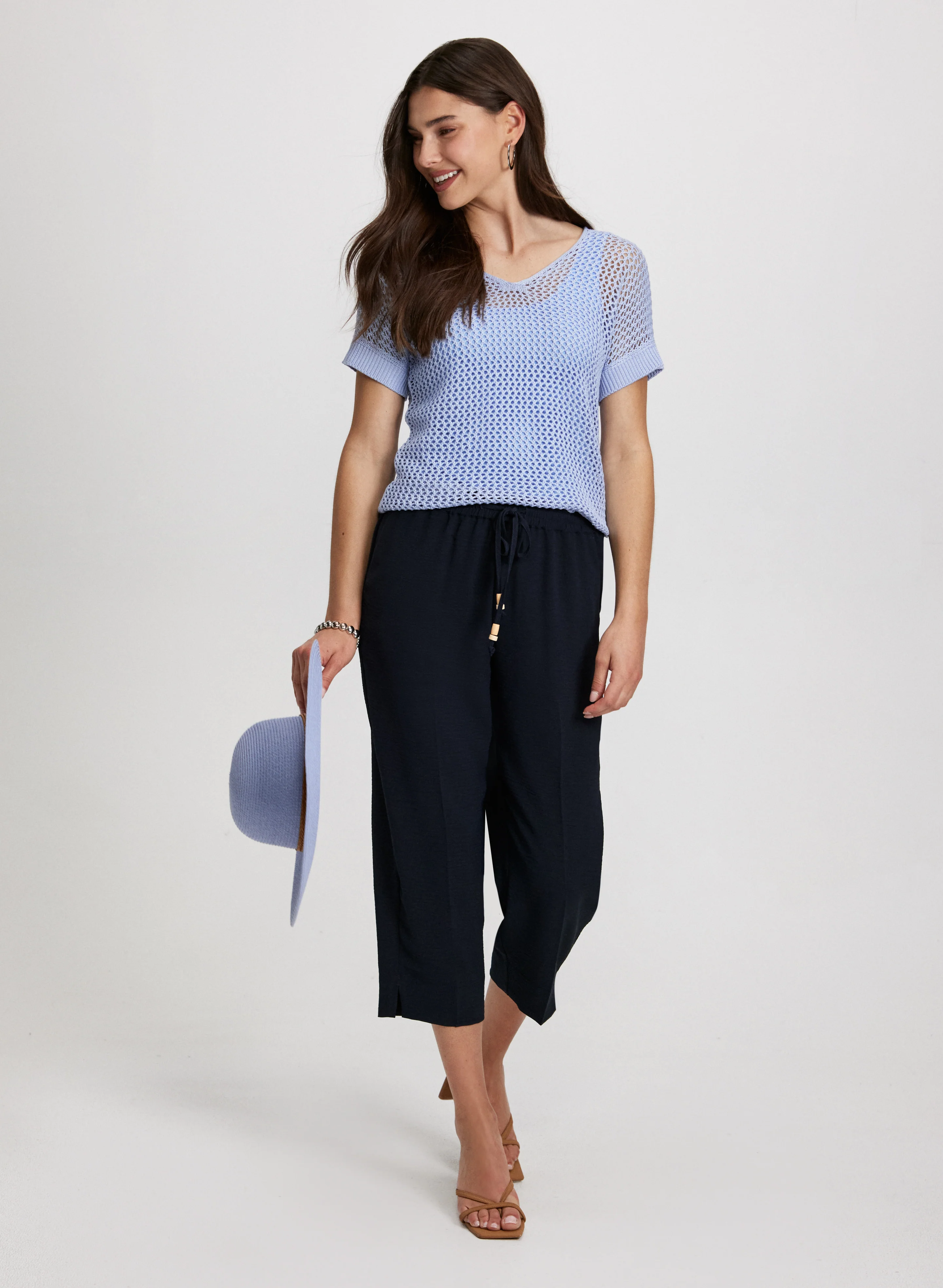 Openwork Knit Short Sleeve Sweater - Image 3