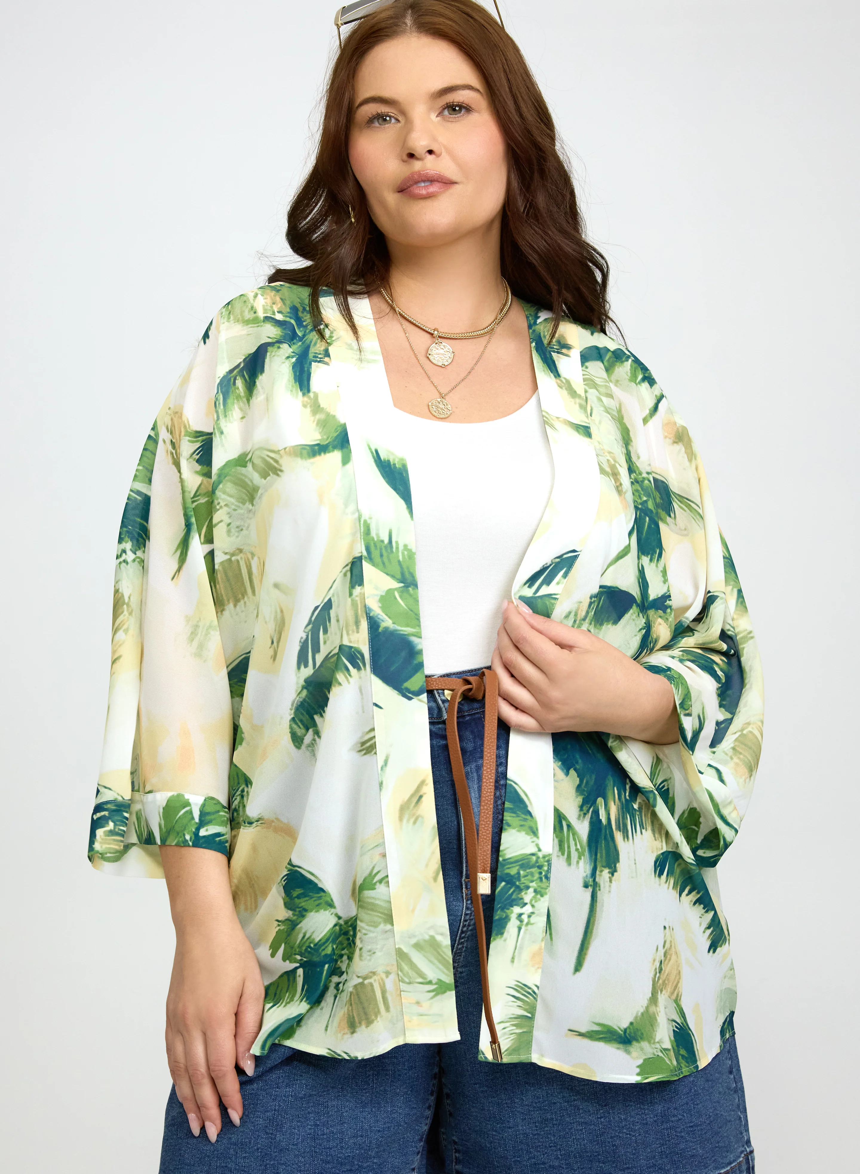 Palm Print Open Front Blouse