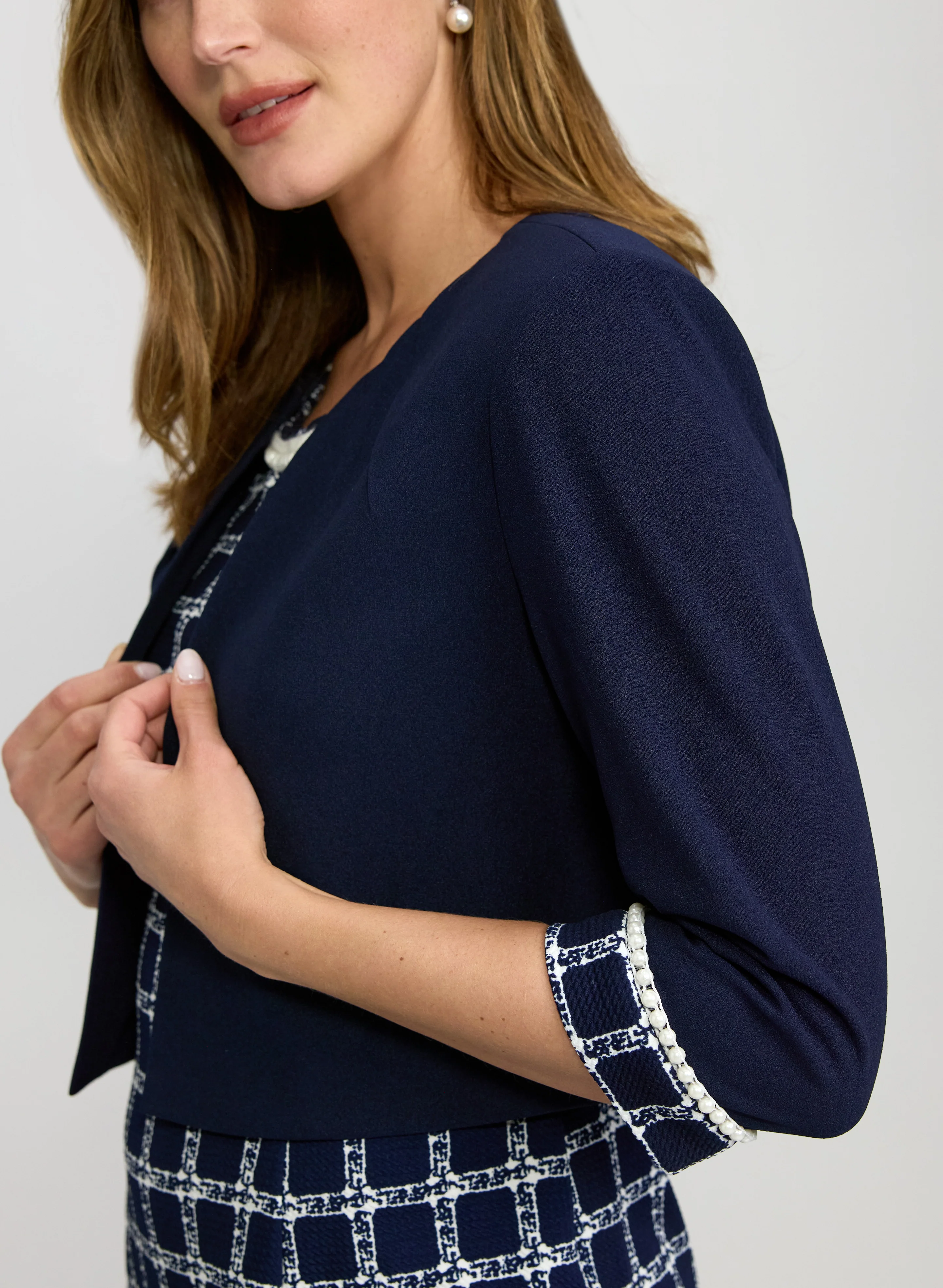 Pearl Trim Jacket & Plaid Dress Set - Image 3