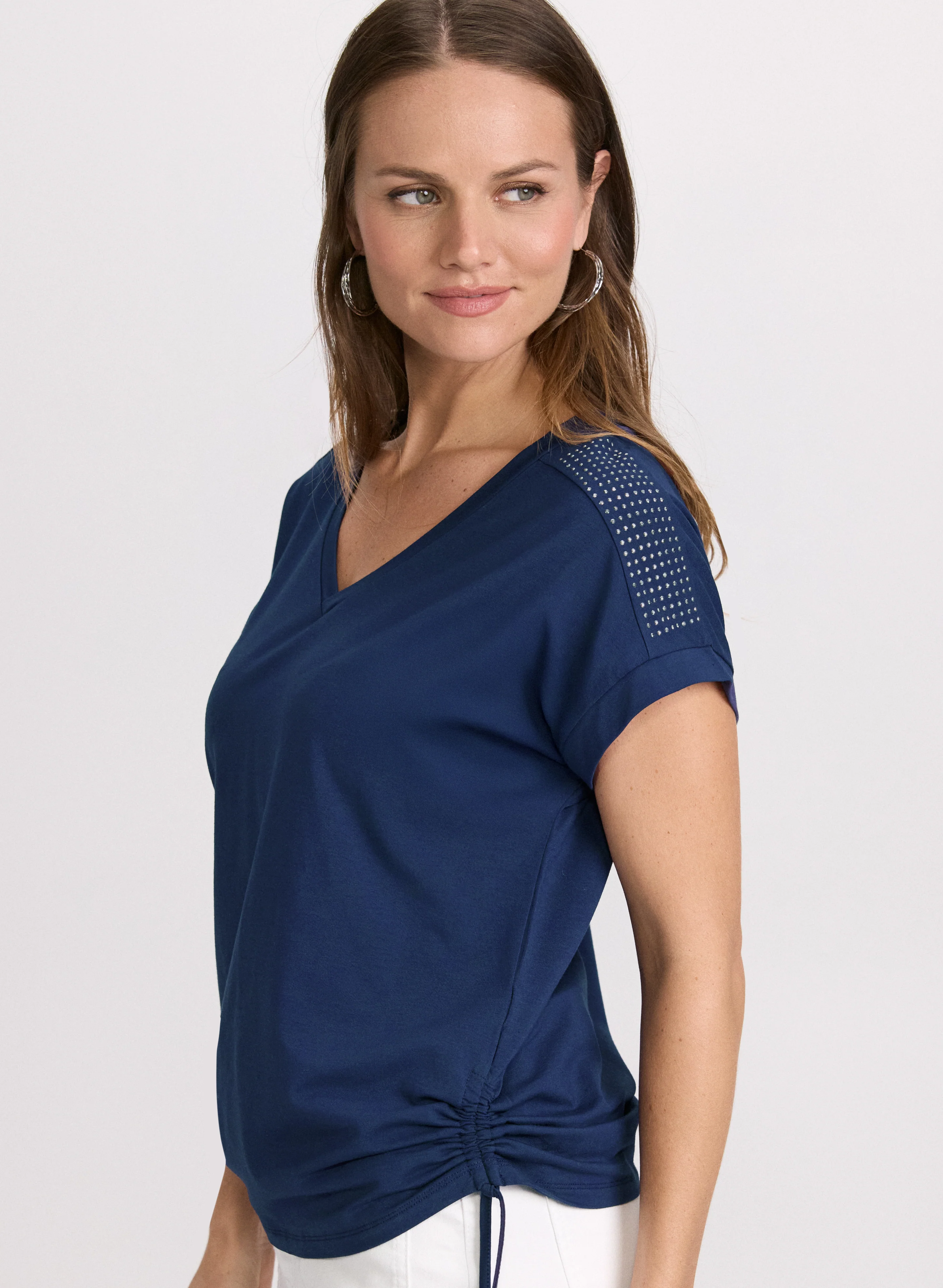 Ruched Rhinestone Detail T-Shirt - Image 2