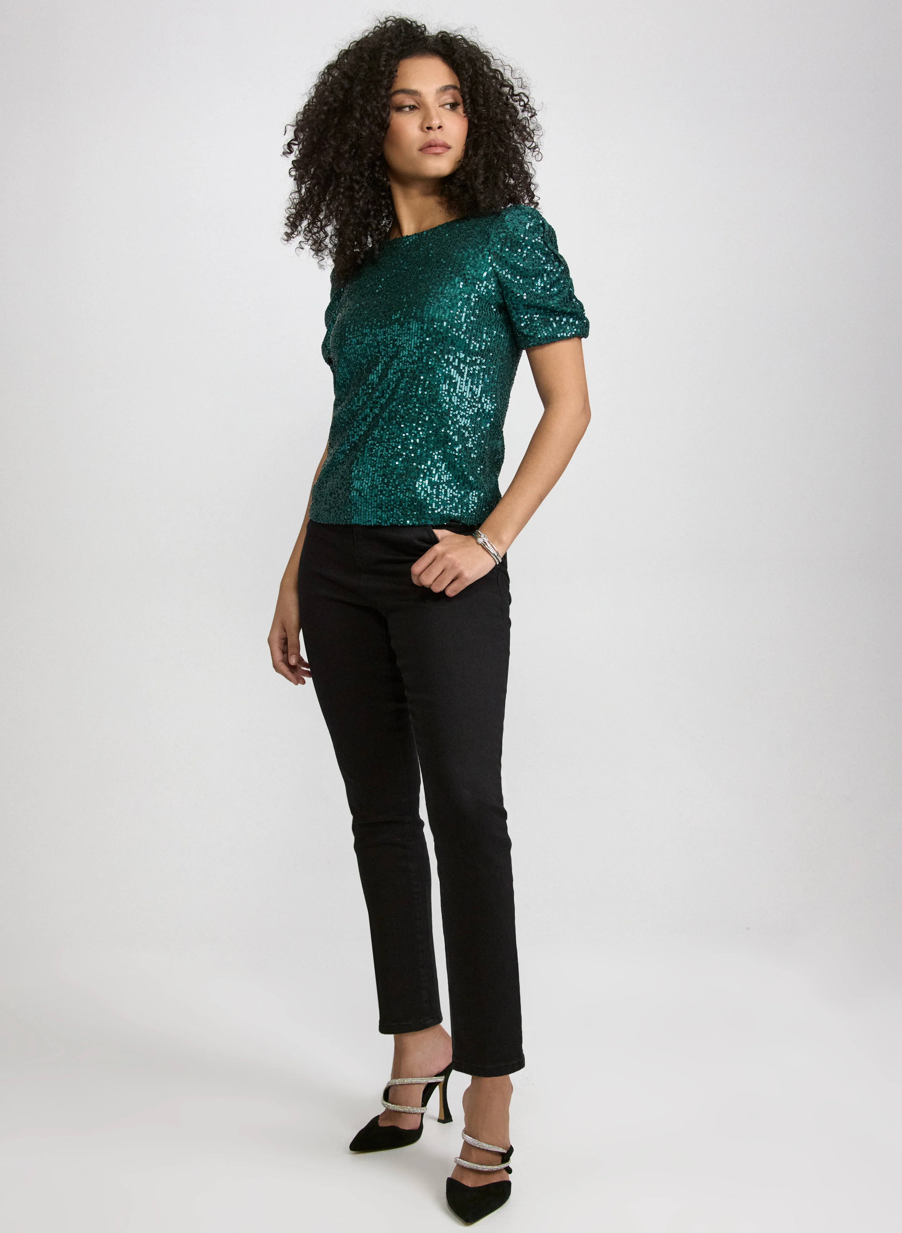 Ruched Sleeve Sequin Top - Image 2
