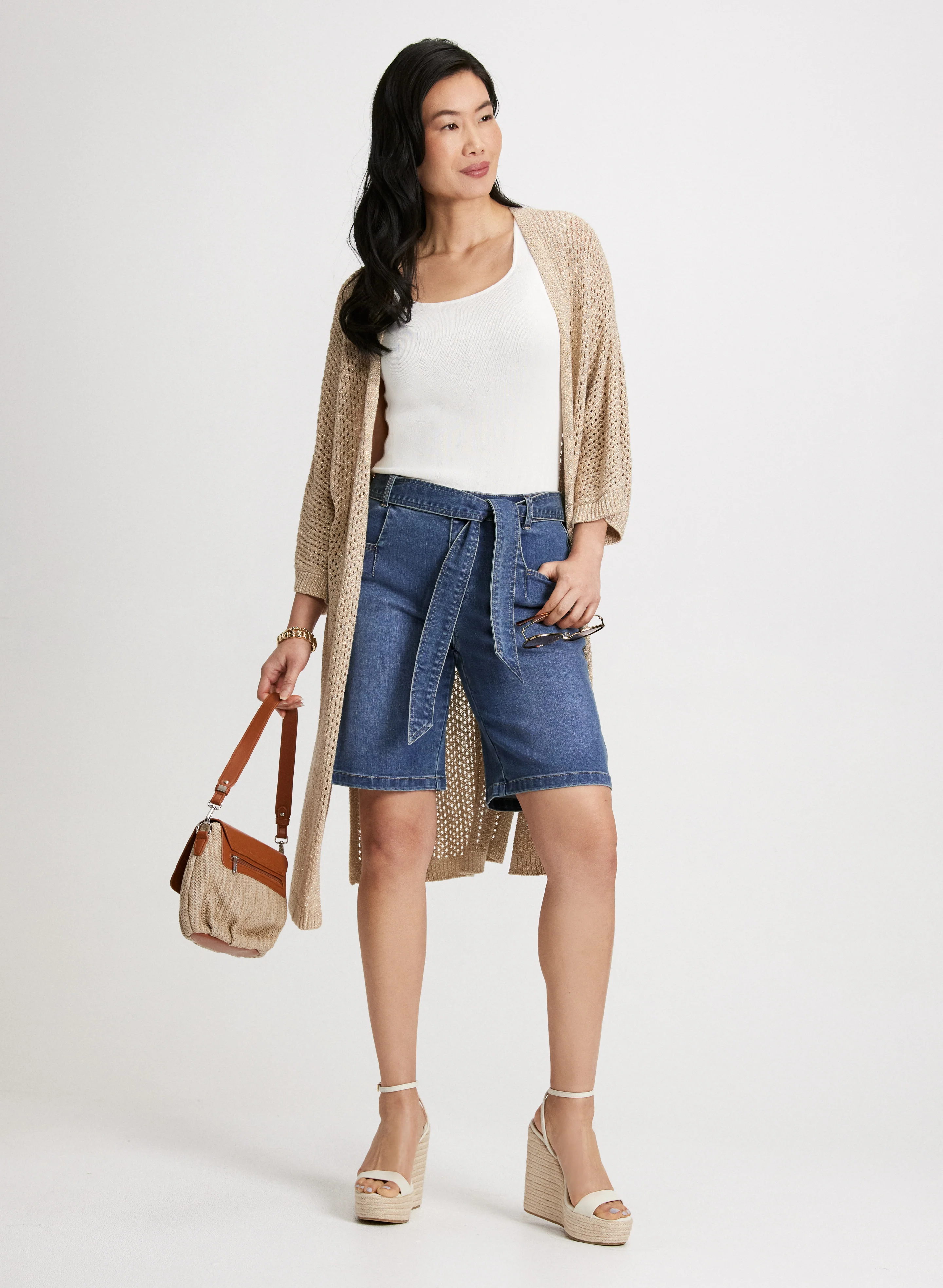 Self-Tie Belted Denim Shorts - Image 2