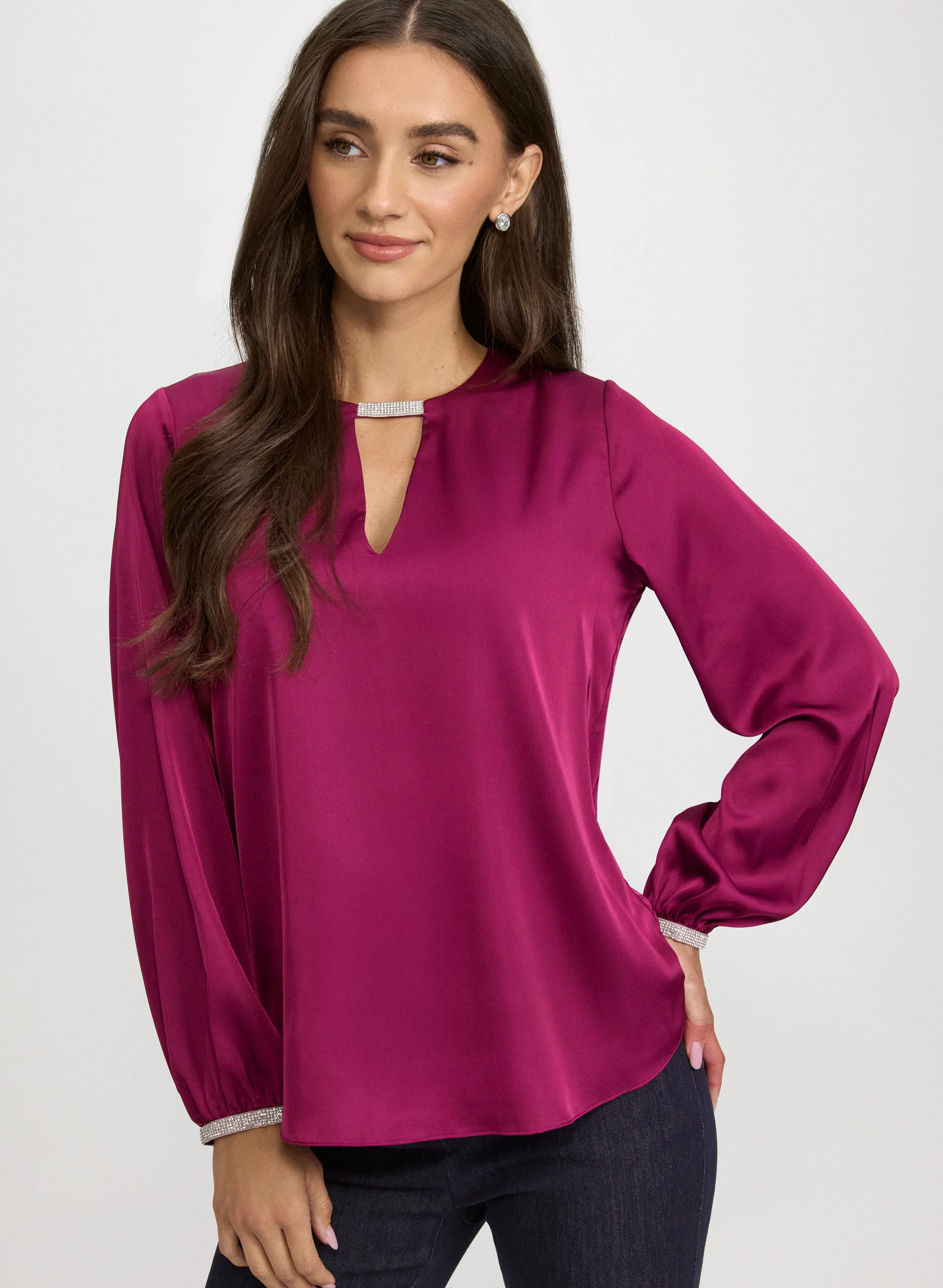 Satin Jeweled Trim Blouse - Image 5