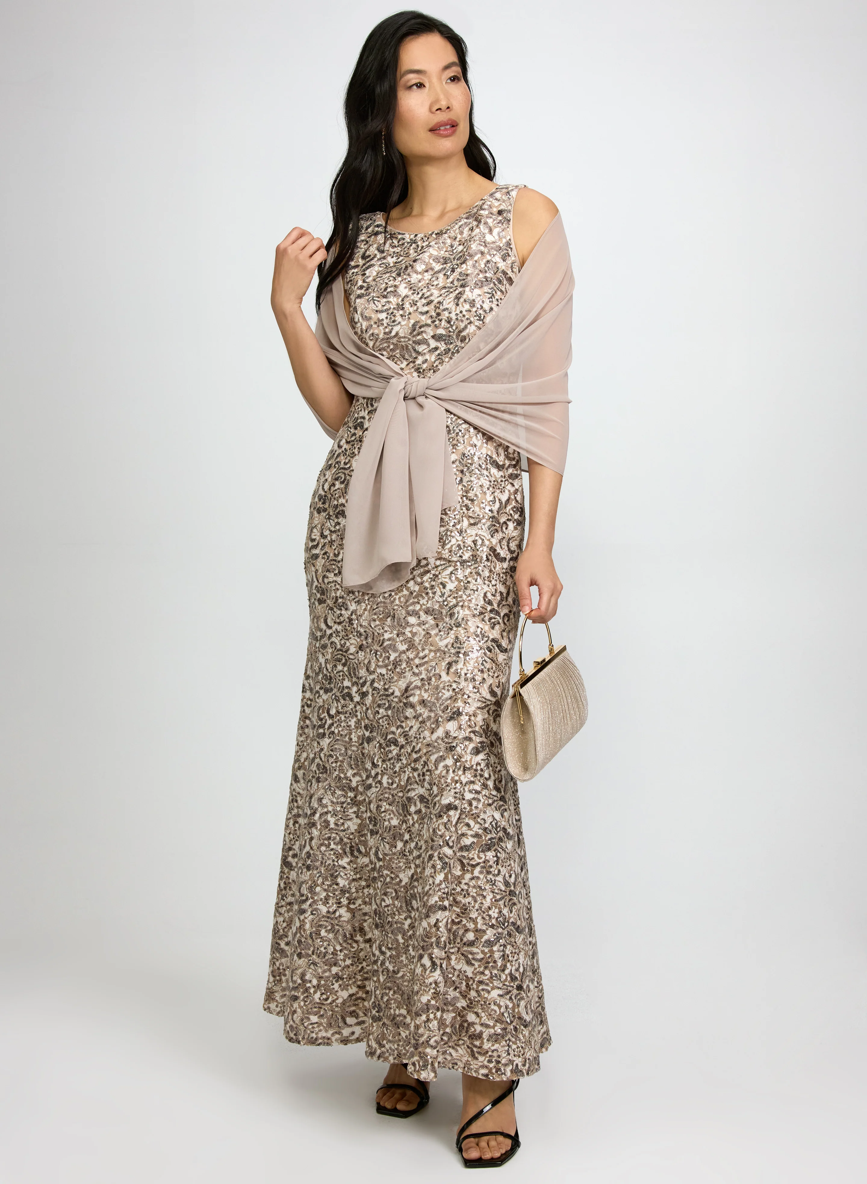 Sequin Dress & Chiffon Shawl Set