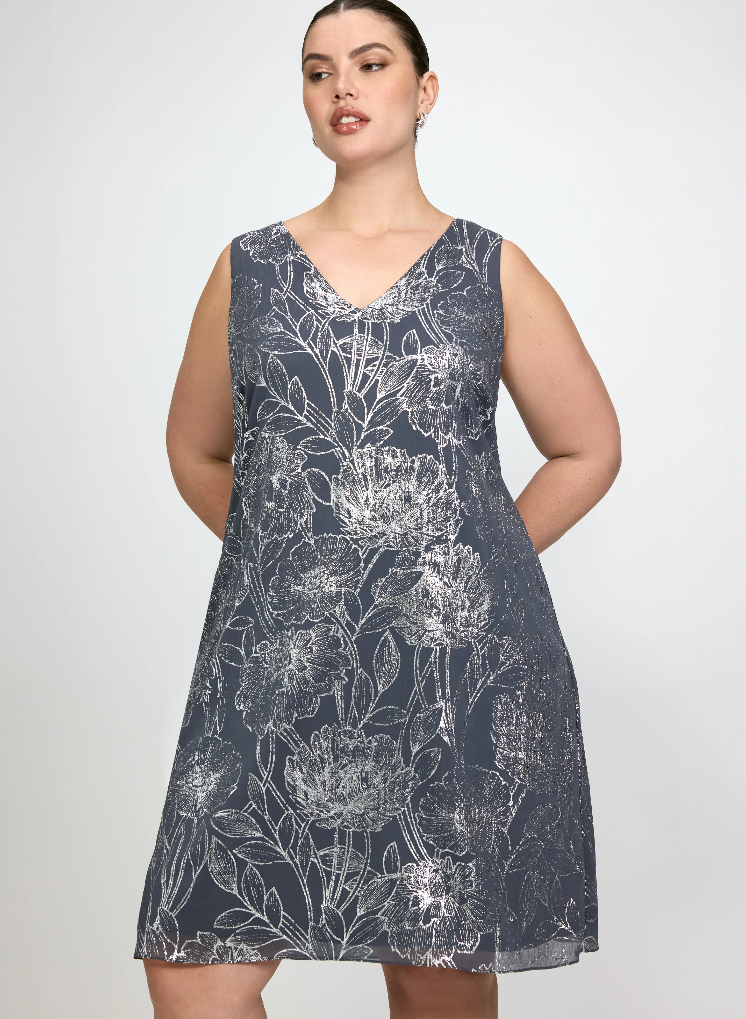 Sheer Cape & Metallic Floral Dress Set - Image 2