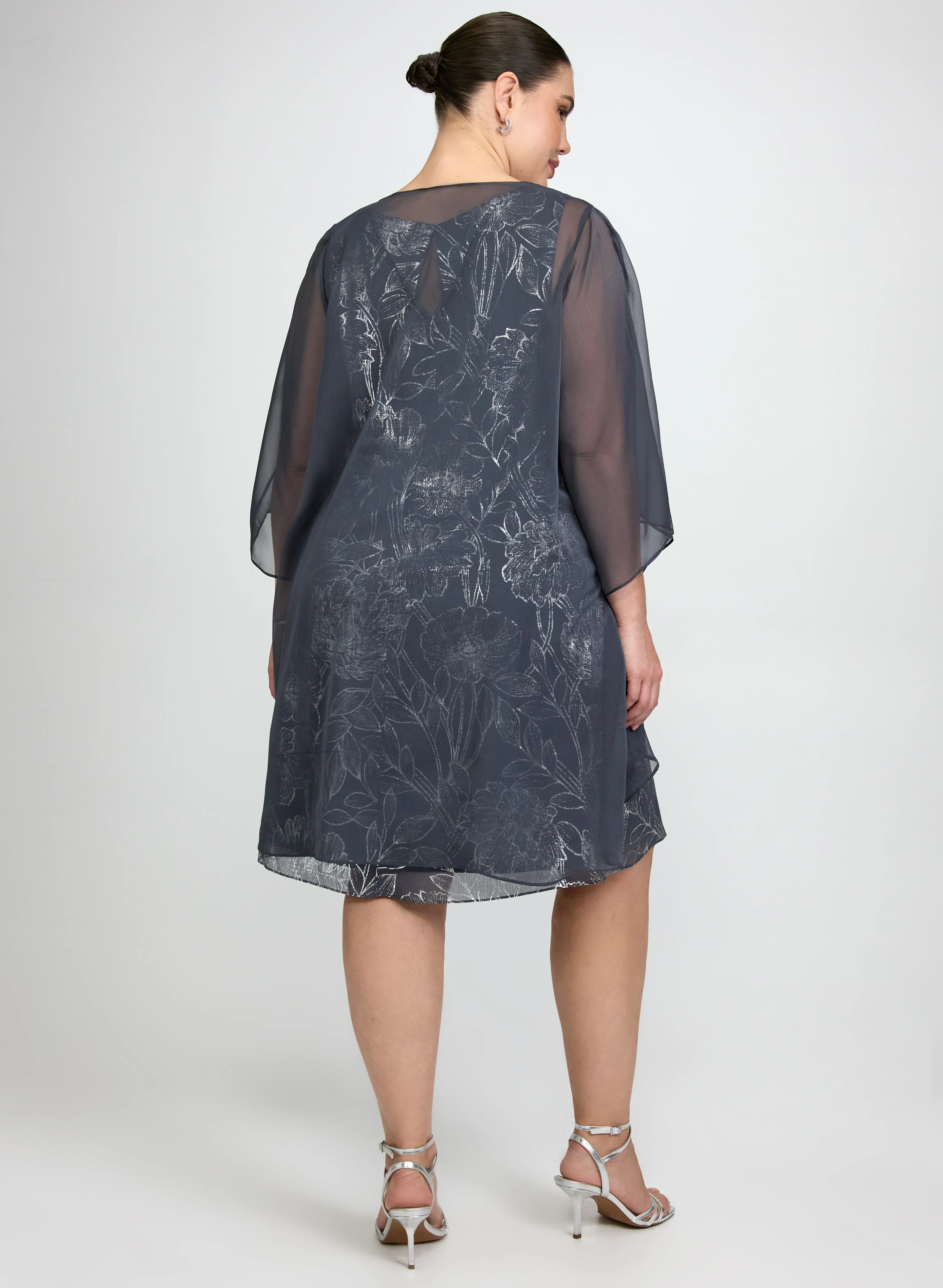 Sheer Cape & Metallic Floral Dress Set - Image 4