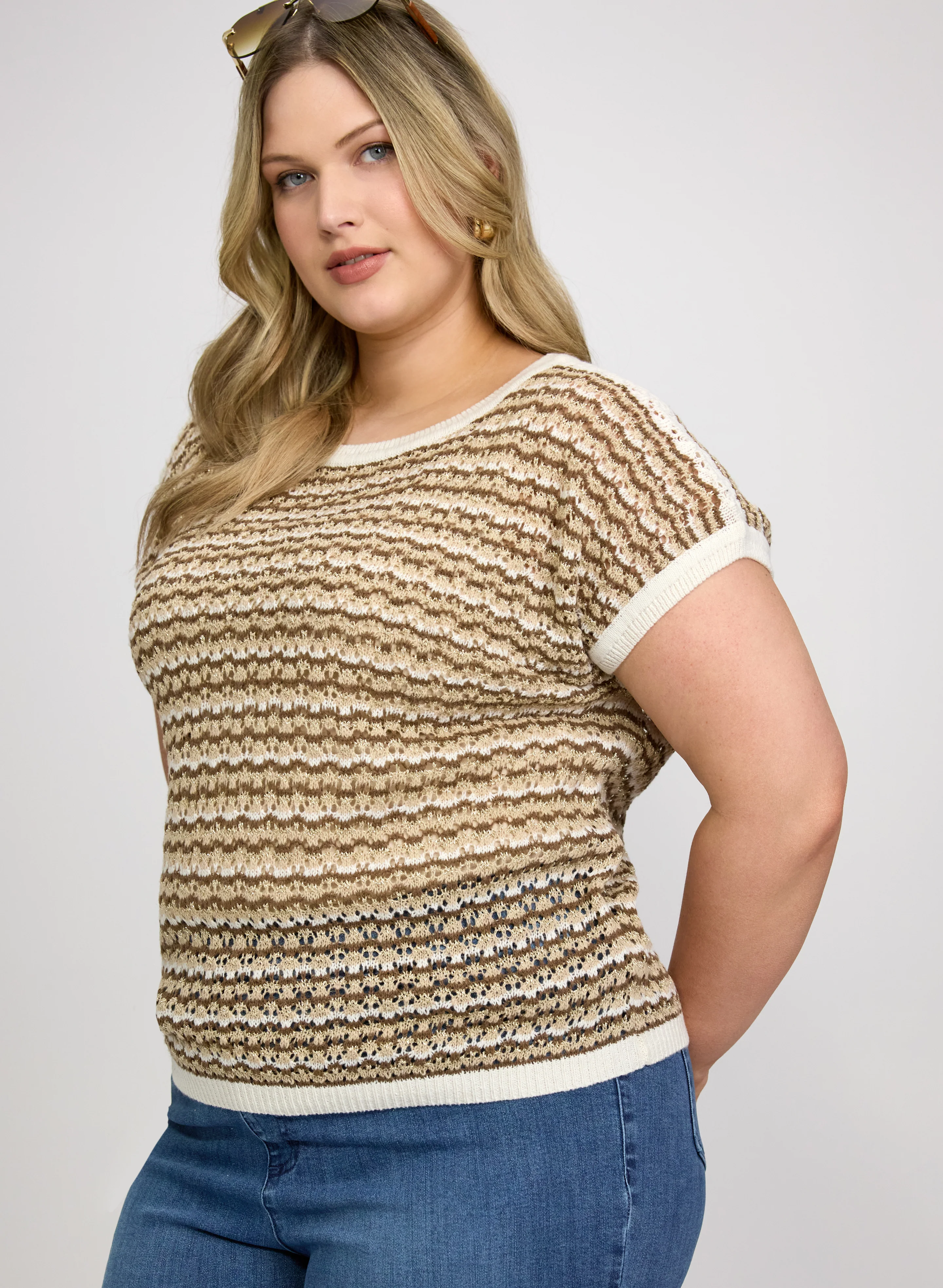 Stripe Pointelle Knit Sweater - Image 2