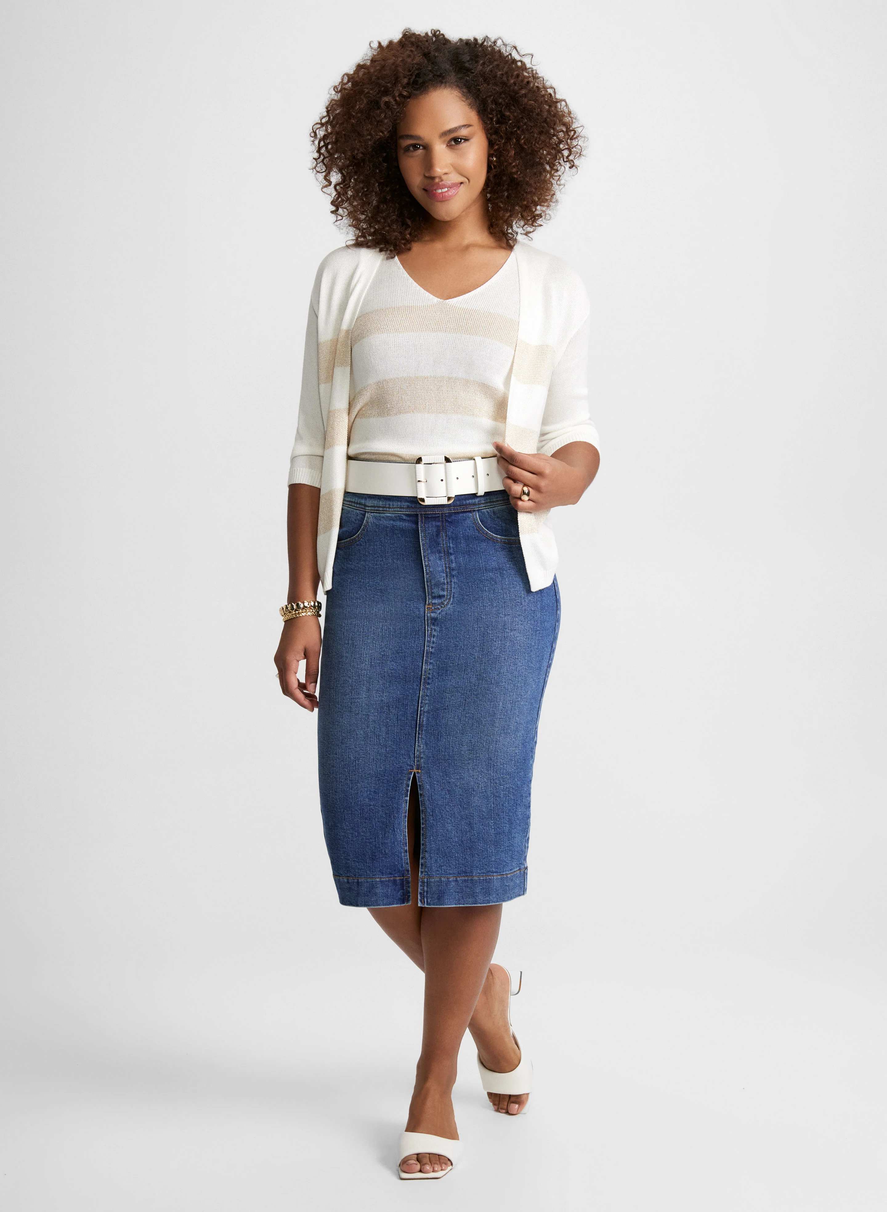 Striped Cardigan & Denim Midi Skirt - Image 2