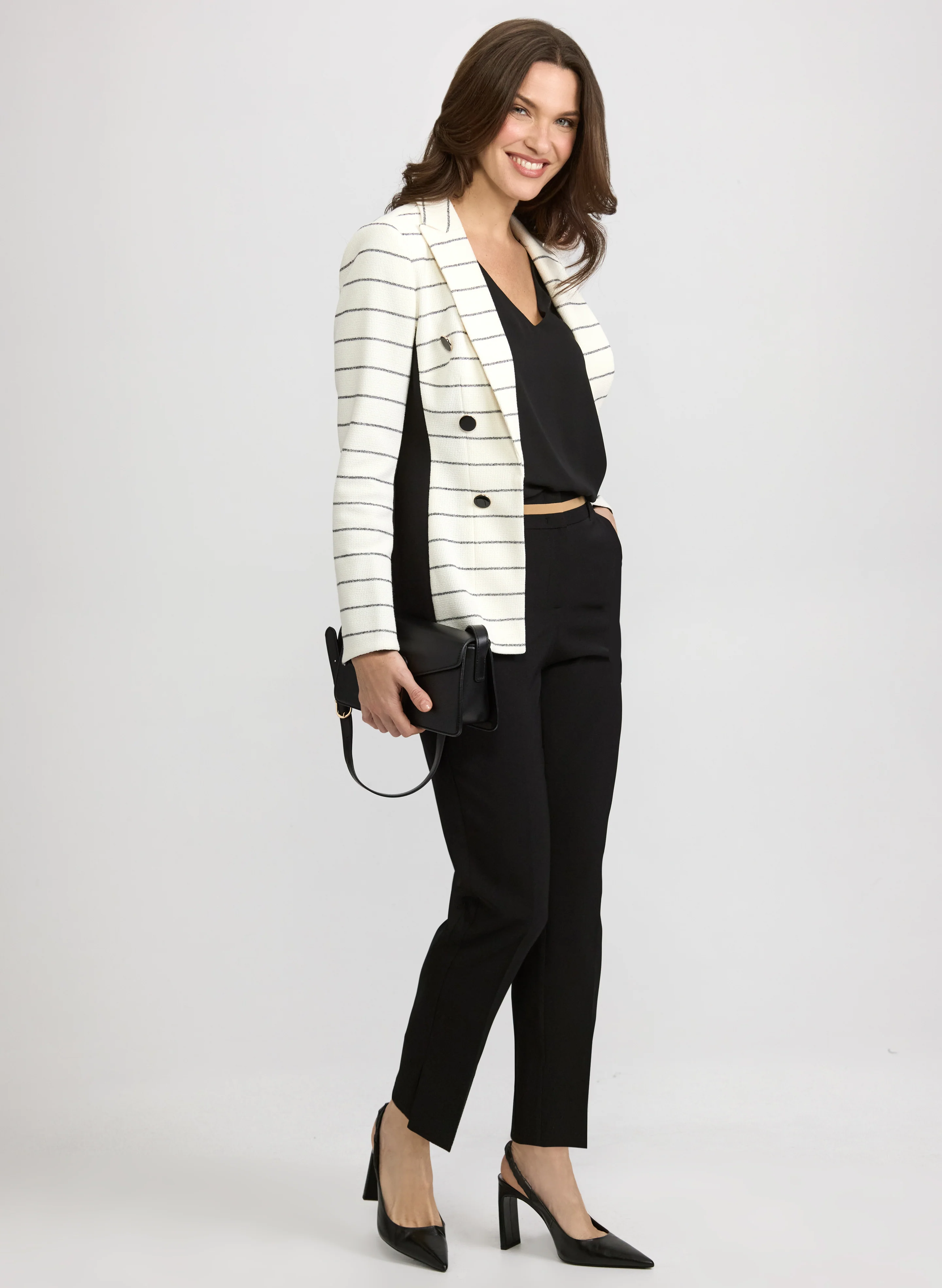 Striped Knit Blazer & Emma Contrast Trim Slim-Leg Pants