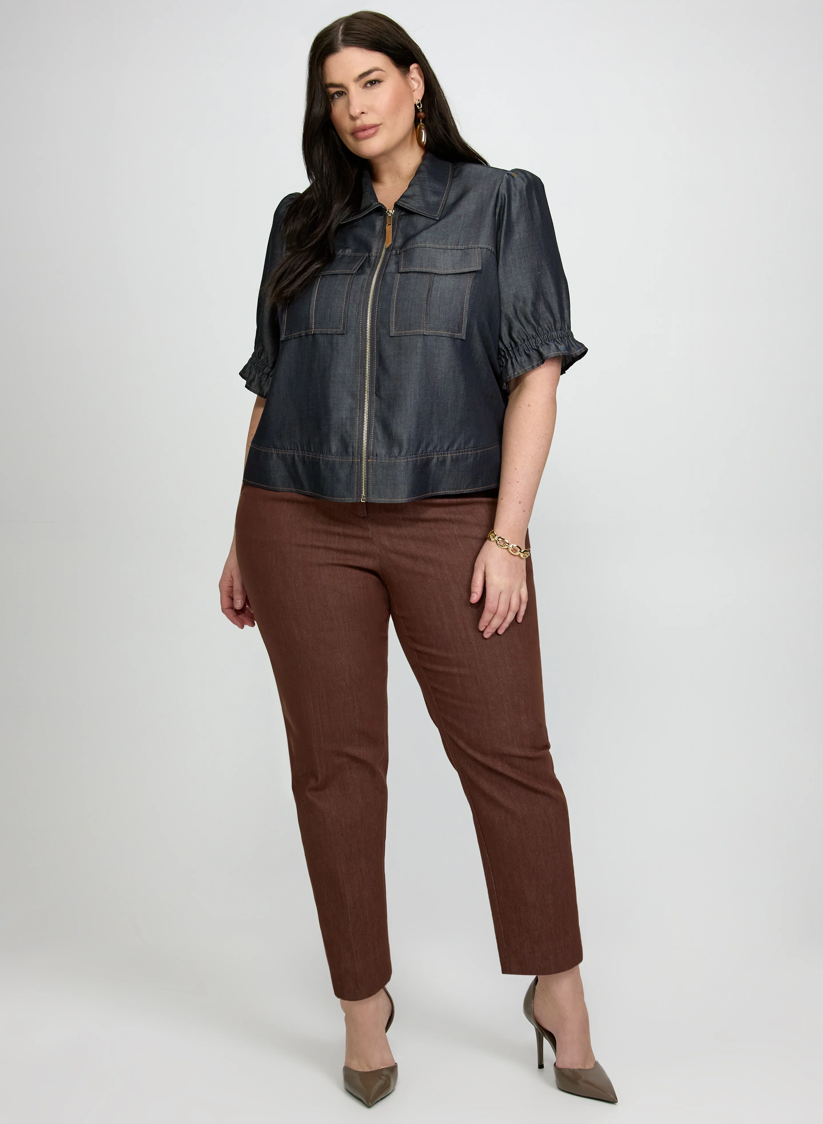 Tencel-Denim Short Sleeve Jacket & Emma Slim-Leg Denim Pants