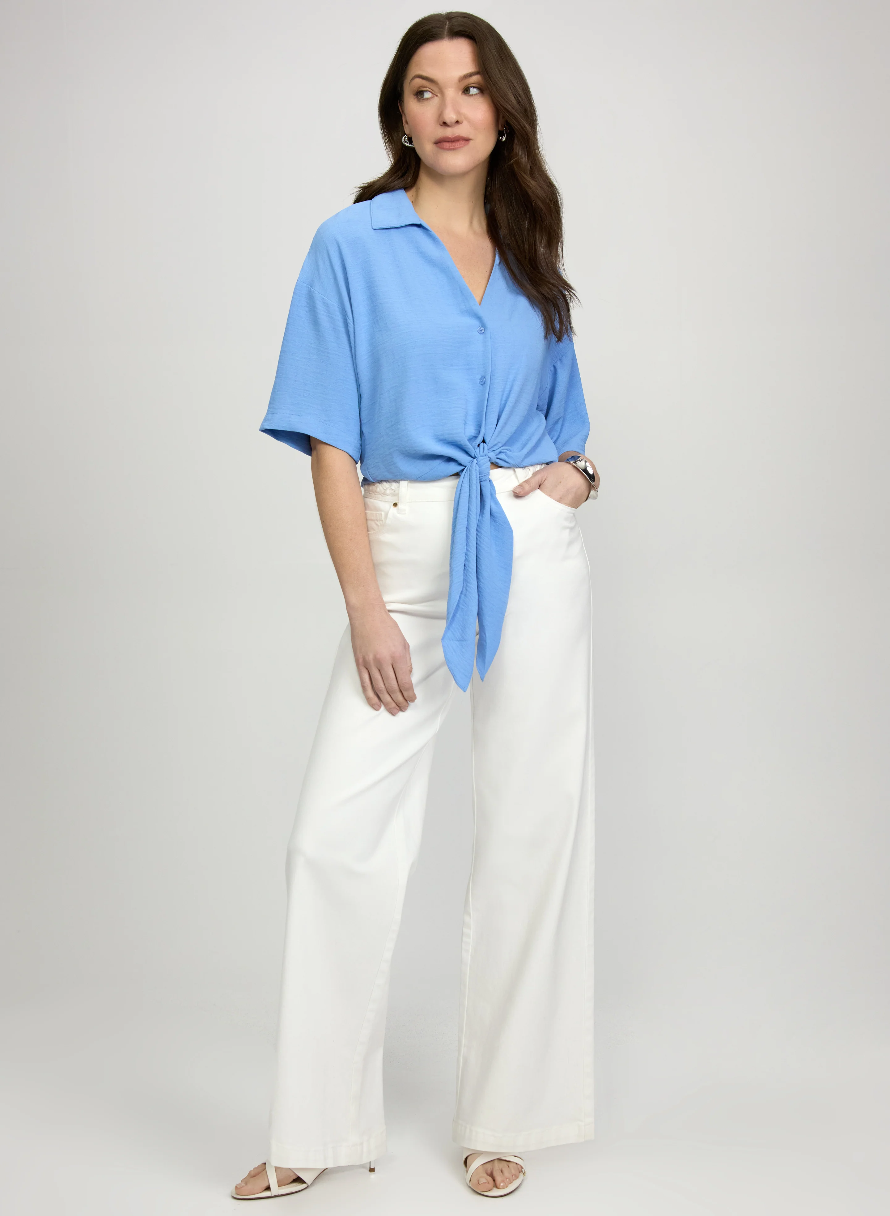 Textured Tie Front Blouse - Image 3