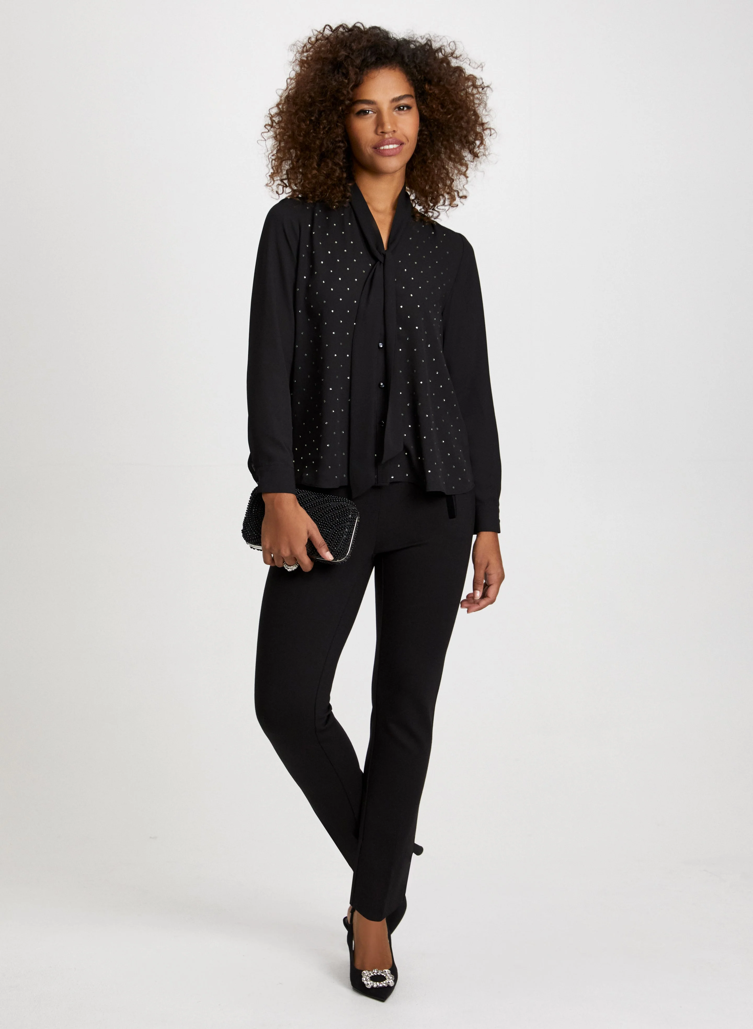 Tie Neck Rhinestone Detail Blouse - Image 3