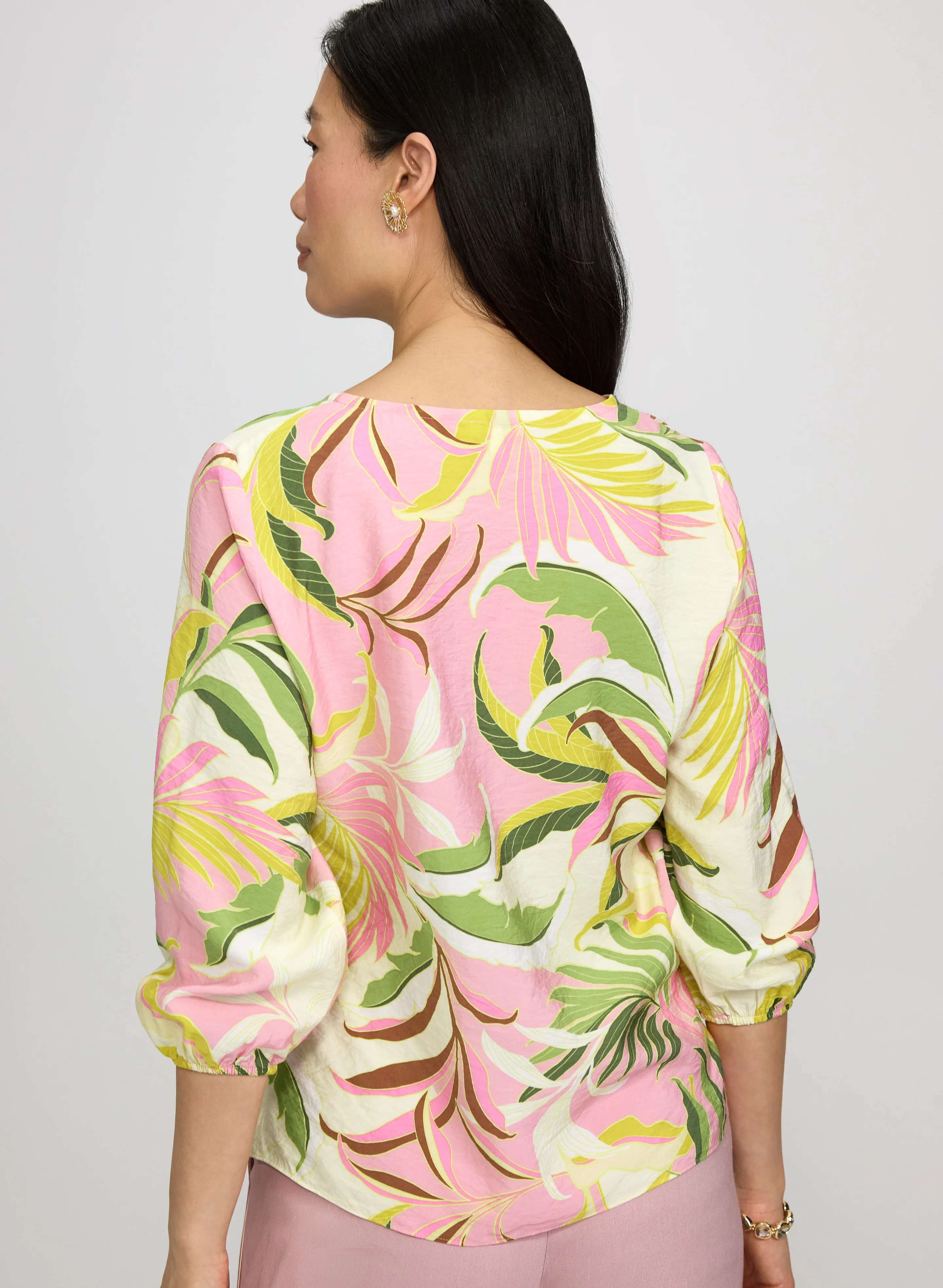 Tropical Print Tie-Neck Blouse - Image 4