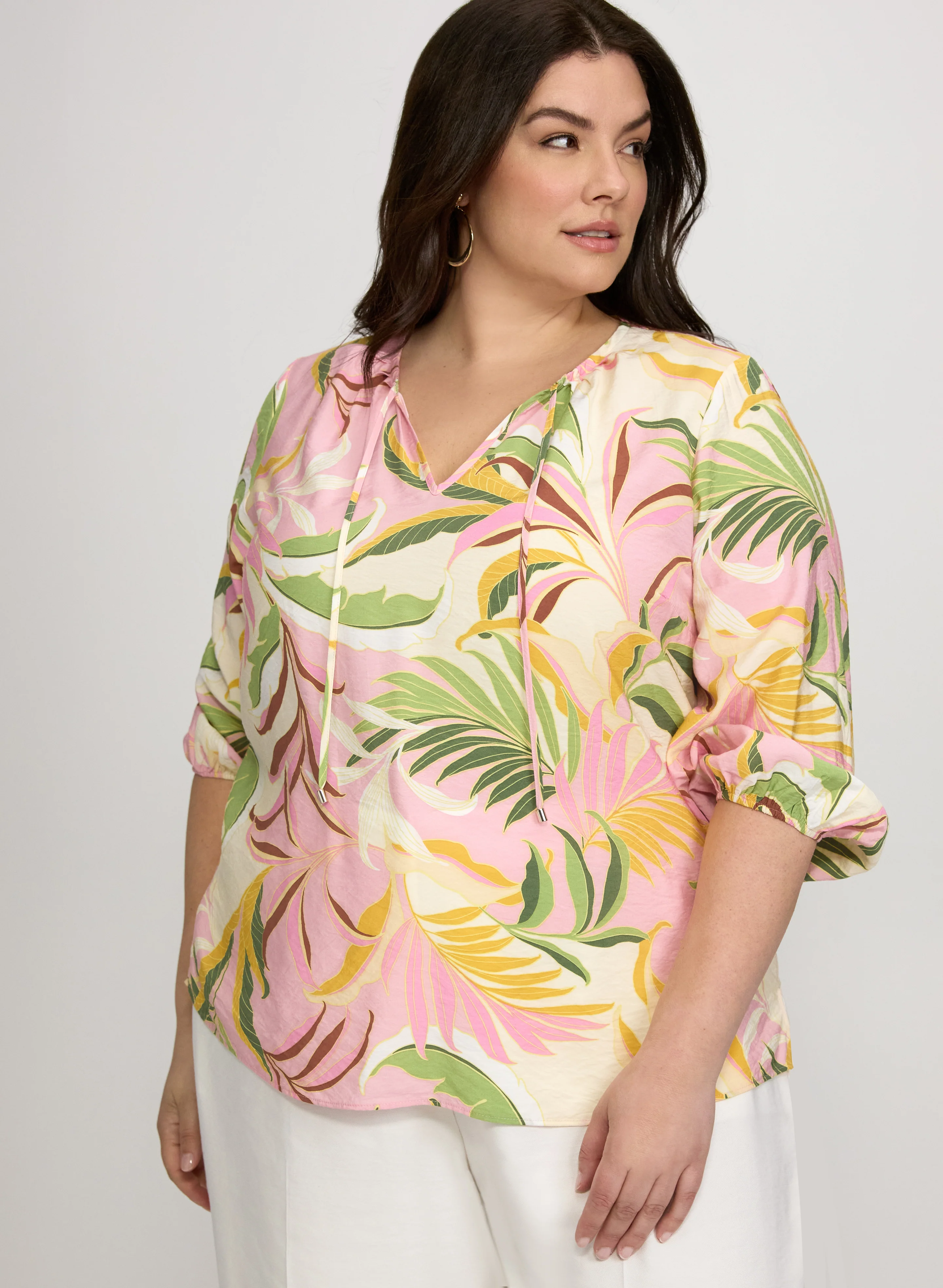 Tropical Print Tie-Neck Blouse - Image 5
