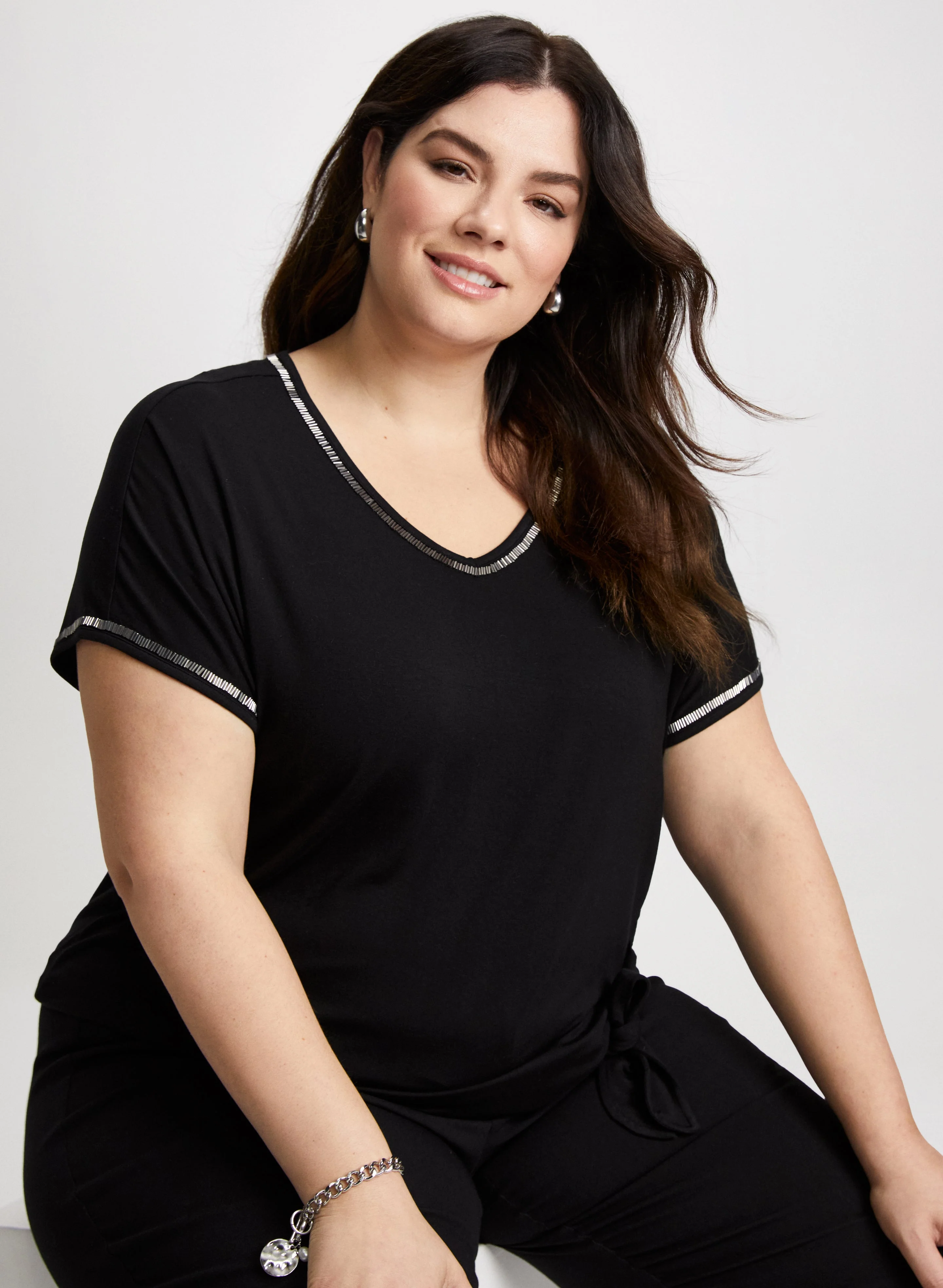 V-Neck Tee With Beaded Trim - Image 5